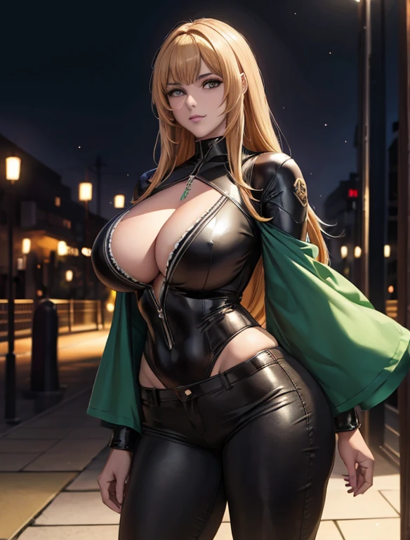 Elvira-8, Beautiful Gynoid,longos cabelos laranja e preto, olhos verde-amarelos, grandes e saltitantes,[avisando uma jaqueta japonesa],[camiseta japonesa],[Japanese pants],average:illustrations,rosto detalhado,ultra-detalhado,detalhes do corpo,[melhor qualidade:1.2],[high resolution,4K],cores vibrantes,Bokeh,soft lighting