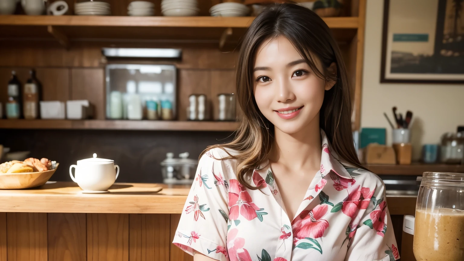 super high quality, Slender, The staff is working at the counter in the back., (8k、RAW Photos、highest quality、masterpiece:1.2), Japanese Idol, (Realistic、Photorealistic:1.37), Beautiful Face , Mesh Hair, Golden Ratio, Raw photo, Light Brown Hair, Small breasts, Summer clothes, Hawaiian Cafe, Loose Palmer, Hawaiian Cafes, Beautiful hairstyle, Cafe with a coast view, Travel abroad, Hawaii Travel, 28 years old, A kind smile, Aloha Shirt,