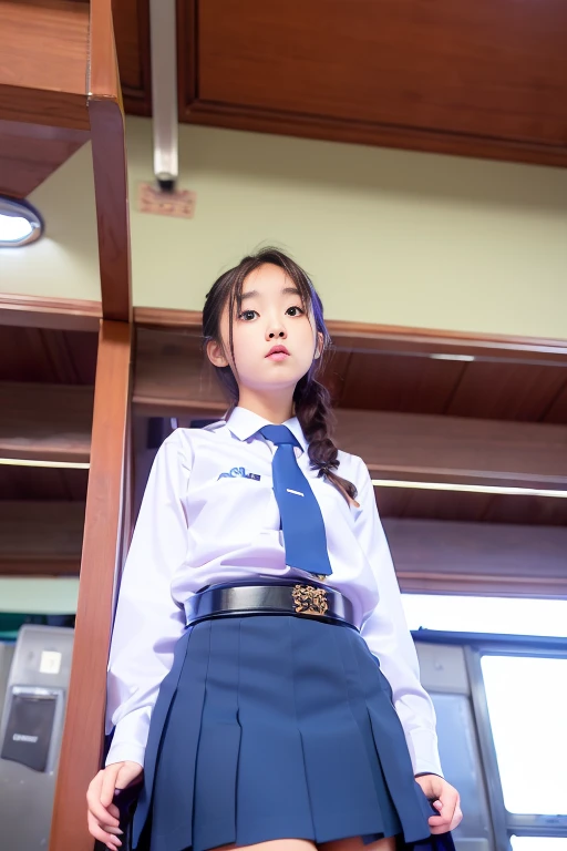 (realistic:1.2),from the front,(View from below:1.4),
18 yo,(shy)Thai, ponytail, white collar shirt, long-sleeved shirt,bark blue necktie, pleated skirt, dark blue long skirt,  black belt, white socks, black loafers,  Thighs look good, 
Sitting position,  (thigh:1.4),(look away:1.4),(classroom background) ,
Mix 4,