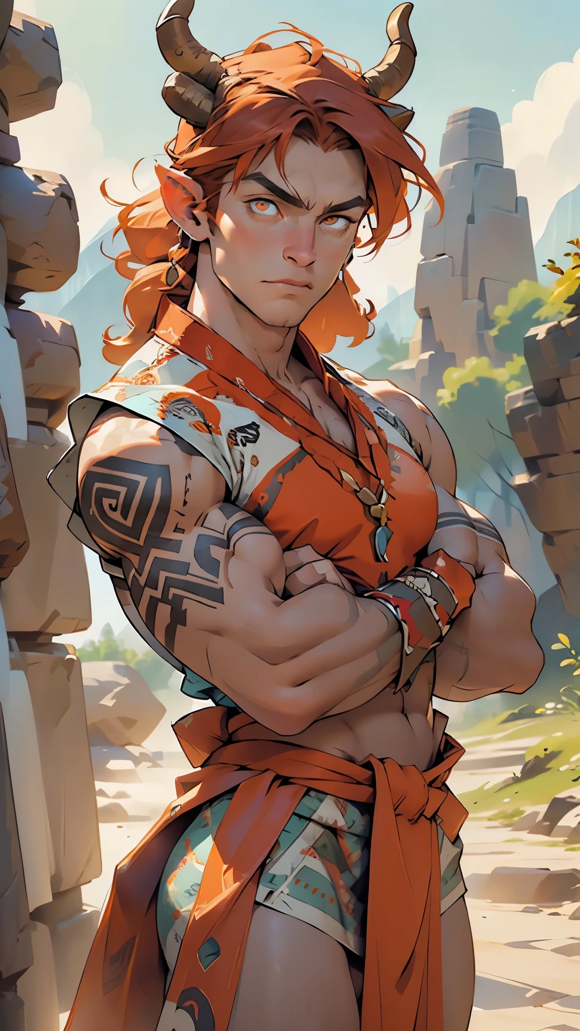 (((bull's head man))),A bull-faced man with his arms crossed,(((mythological minotaur))),((exaggerated muscles,exaggerated shoulders,very muscular and huge)),man chest,(((bull face))),((((muscular,muscular bull man,tall,big biceps,abs,big thighs,broad shoulders,open chest)))),animal man,(anthro furry:1.2),((red hair)),(((orange_eyes:1.3))),intricate eyes,beautiful detailed eyes,symmetrical eyes,
Genetic mutation of a half man half minotaur,
Man with an imposing bull's head adorned with ((horns)) and deep, athletic,young,
(black linen tunic, himation),((bulge in tunic)),(loincloth),((tribal clothes:1.5)),(barbarian fur crop top),(wearing brown furs and hides),(leather straps),((intricate outfit,intricate clothes)),
((mountain)),scenery:1.25,((intricate scenery)),((mountain background)),
(Glossy tribal ornaments),highres,sharp focus,(ultra detailed,extremely detailed),(photorealistic artwork:1.37),(extremely detailed CG unity 8k wallpaper),(((vibrant colors,vibrant theme))),(intricate),(masterpiece),(best quality),artistic photography,(photography taken by sldr),(intricate background),perfect rendered face,perfect face details,realistic face,photo realistic,((intricate detail)),(((realism))),