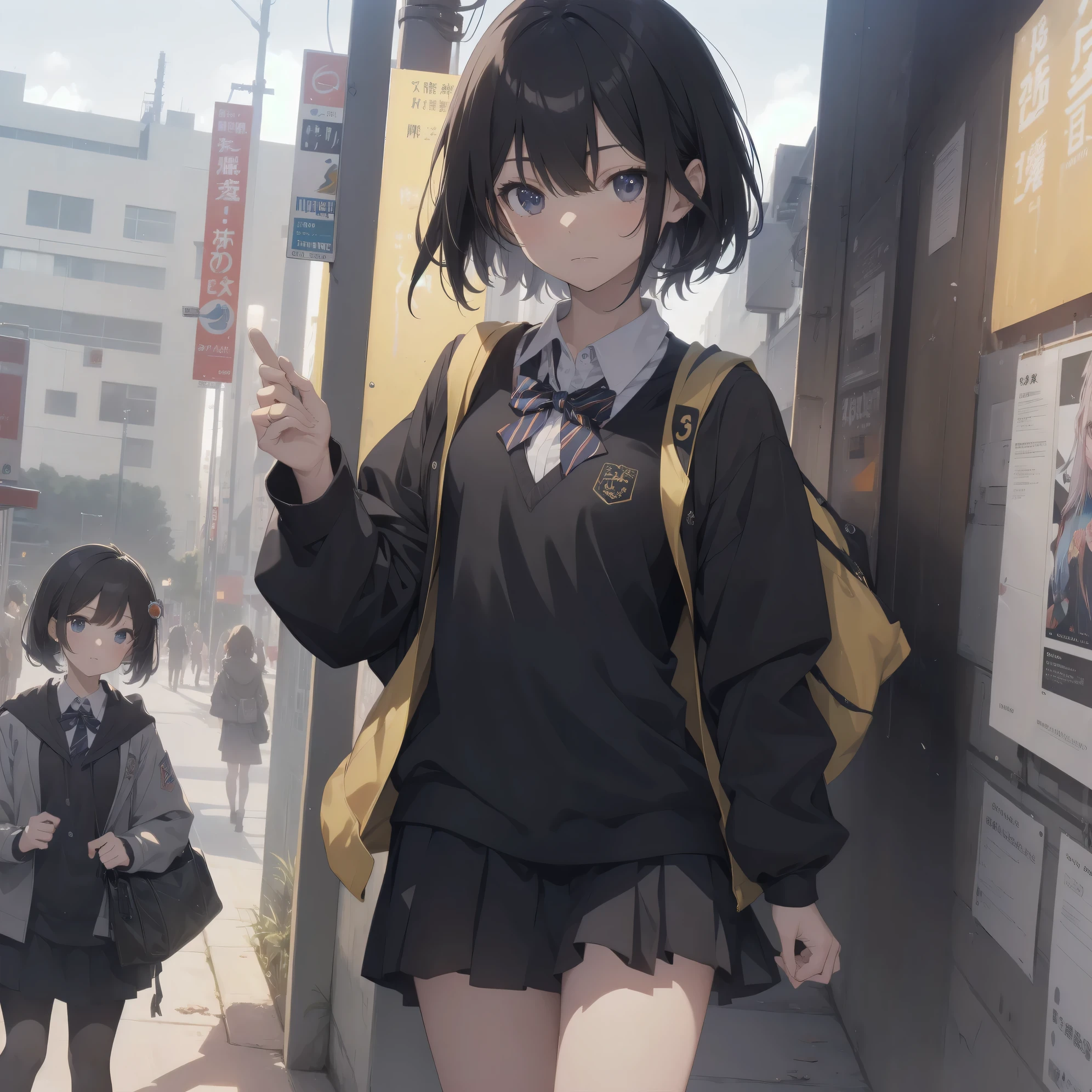 ultra-absurdres-Top quality by artist God, ultra-detailed, high resolution, anime moe artstyle, best anime 8k konachan wallpaper, pixiv contest winner, pool:2810, perfect anatomy,break, 1girl, (Please draw a girl walking sleepily to school alone. )break,(Solo,little female, 13-year-old:1.3),Full limbs, complete fingers,a junior high school student, (very short hair), short cut, flat chest, , small butt, small black eyes, beautiful detailed eyes, well-proportioned iris and pupils, expressive eyes, highres detailed hair, soft expression, school_uniform, bowtie, collared shirt. pleated skirt,(Detailed Lighting), (Detailed background), in the School commute route. break,super detailed skin, Best cinematic lighting powered by famous artist, 8k,beauty illustration,photoshop_(medium),very aesthetic,break,((artist:ningen mame )), artist:bolze ,artist:oyari ashito ,artist:kantoku ,