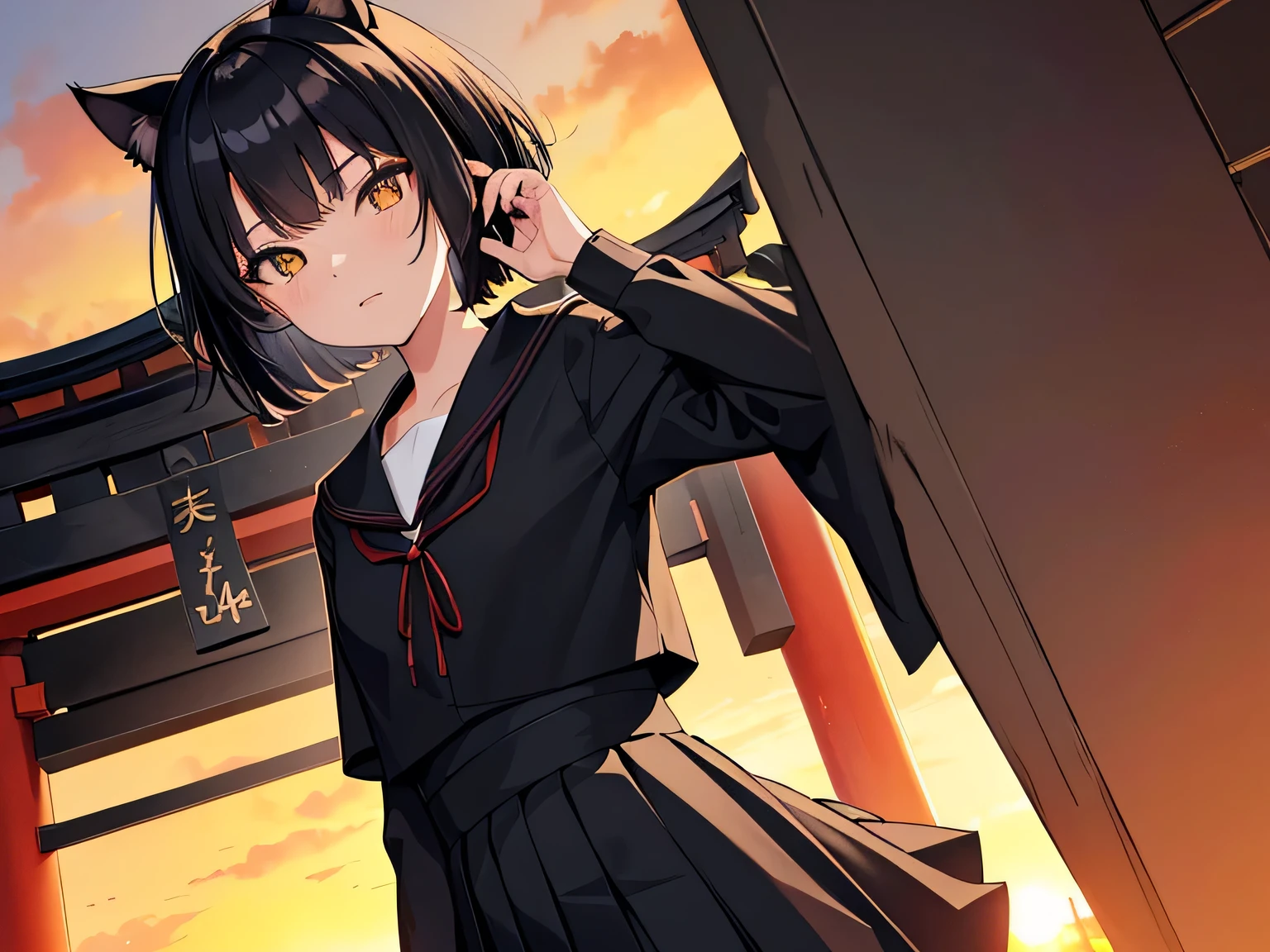 masterpiece, (black hair), best quality, cat ears, short bob haircut, black , torii gate, amber eyes, ((4k wallpaper, sunset)), solo, age girl, (japanese school uniform), ((black uniform)), (((high detail))), looking to camera