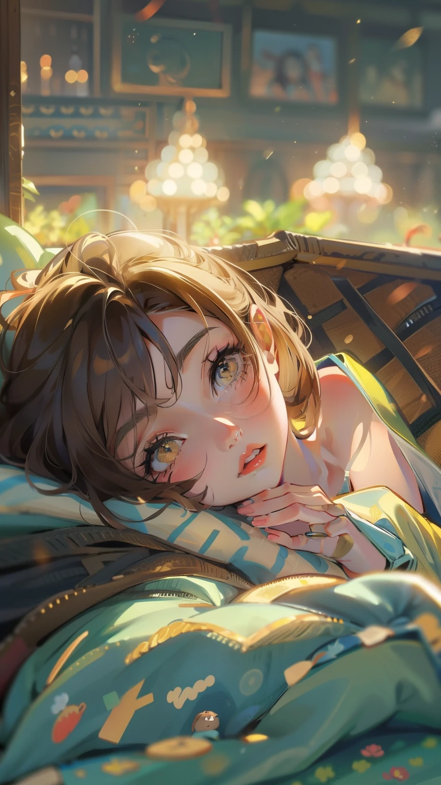 short hair, brown hair, yellow glowing eyes, perfect lips,sleepy look ,  ready to sleep, cute expression, cute face, laying in the bed,  pajama, pillow, tank top, babe doll , sleepyhead pose, ultra detailed face, long eyelashes, sharp eyes , Fullbody shot, dinamic viewer, night sky , dinamic point of view, diferents point of view, room, dinamic picture , laying in the bed