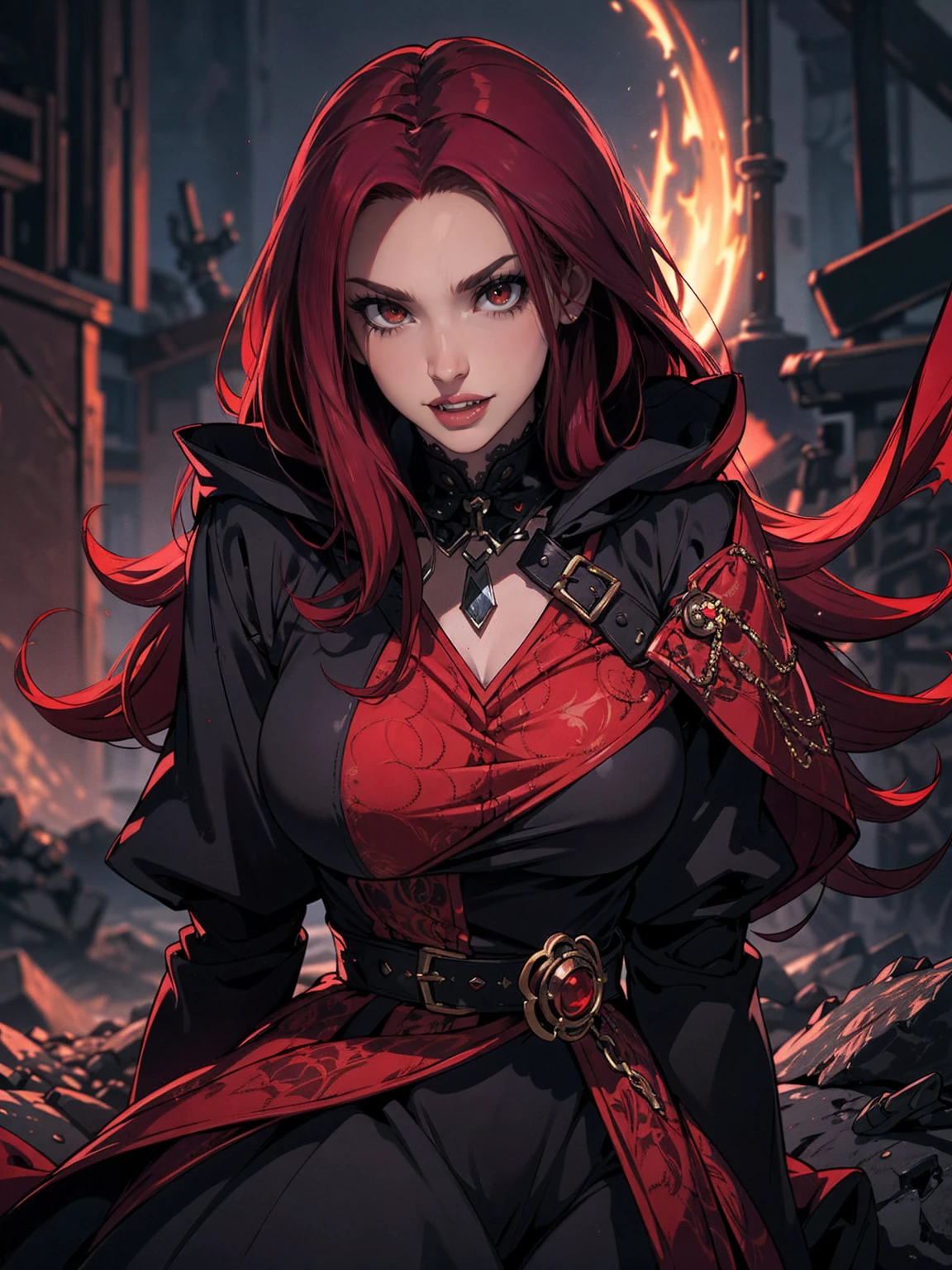 High vampire female, goth Renaissance, red hair, long hair, intricate, dark dress, glowing eyes, fantastical, vampire, fangs, hyper detailed, 32k resolution, volumetric lighting, hyper detailed, intricately detailed, Unreal Engine 5, volumetric lighting