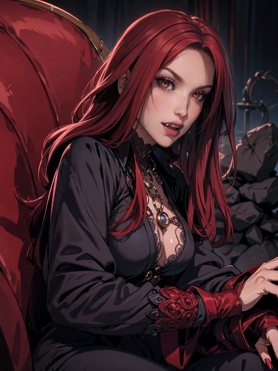 High vampire female, goth Renaissance, red hair, long hair, intricate, dark dress, glowing eyes, fantastical, vampire, fangs, hyper detailed, 32k resolution, volumetric lighting, hyper detailed, intricately detailed, Unreal Engine 5, volumetric lighting