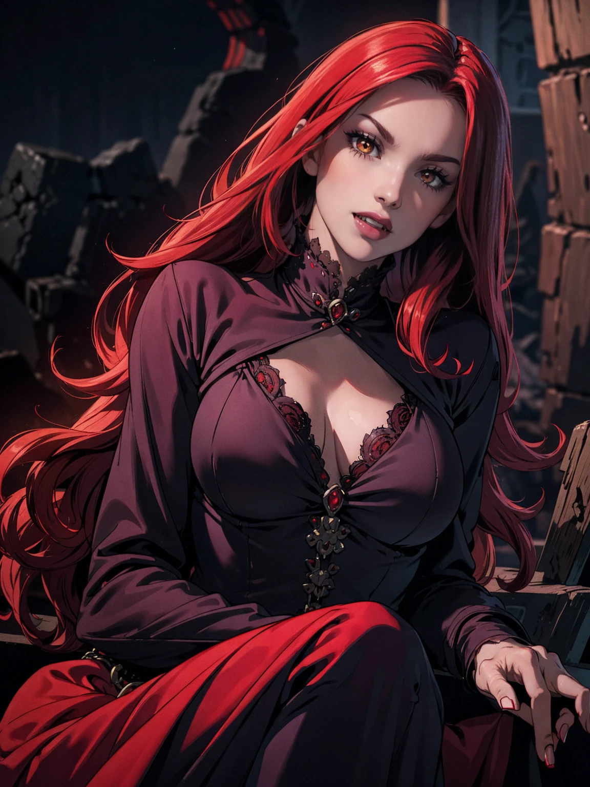 High vampire female, goth Renaissance, red hair, long hair, intricate, dark dress, glowing eyes, fantastical, vampire, fangs, hyper detailed, 32k resolution, volumetric lighting, hyper detailed, intricately detailed, Unreal Engine 5, volumetric lighting
