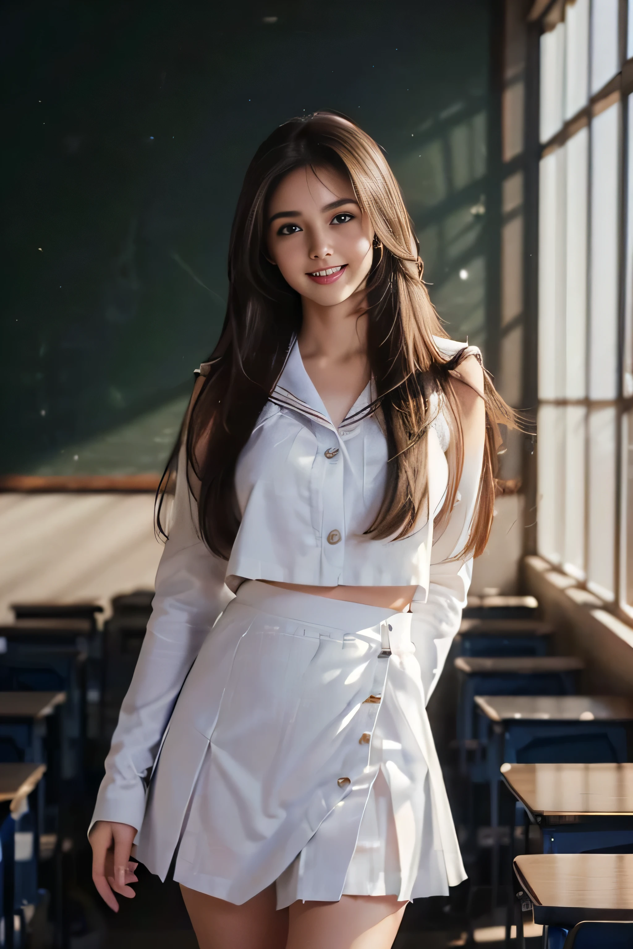 ((Beautiful girls:1.3))((White sailor suit with long sleeves:1.2))((overblouse))((Skirt rip:1.5))((Panty shot:1.5))((high school)) ,((Dark Blue Skirt:1.3)) ((In the classroom:1.3)) ((thin_fabric:1.4)) ((Random sexy poses:1.3)) ((Blushing:1.4)) ((chest:1.2)) ((close:1.2)) highest quality,Tabletop,超A high resolution,(Realistic:1.4),RAW Photos,(Real skin texture:1.3),(Film Grain:1.3),Panorama,Portraits,Very wide shot,Tight waist,Cowboy Shot,(In the Dark, Deep Shadow, Low Key, Cold Light,) night,((brown super long hair:1.2)),Tears flow,,Dust,Tyndall effect,(Performance),One Girl,Beautiful and detailed eyes and face,White Jabot,Brown eyes,((Brown Hair:1.2)) ((whole body:1.3)) ((smile:1.3))((Long straight hair_Hair reaching down to the waist:1.3))