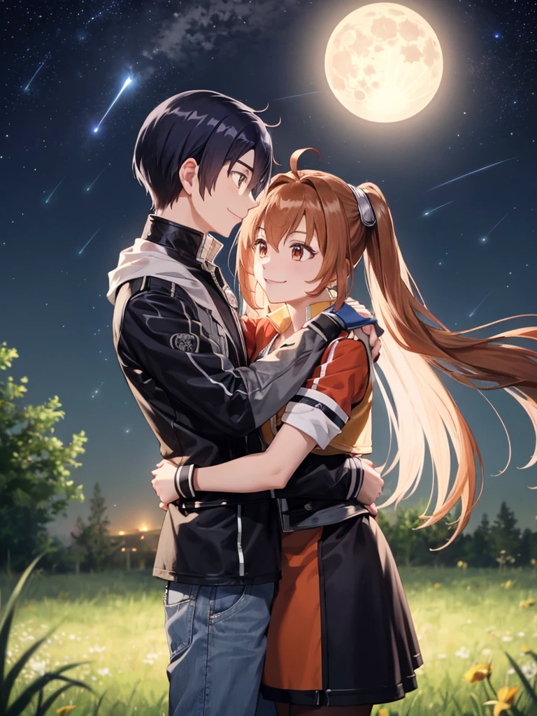 (masutepiece, Best Quality, hight resolution, nffsw, Perfect Pixel, depth of fields, 4K), , Perfect body, 1boy, 1girl, hug, smile, night view, star, Meteor shower, moon, look at each other