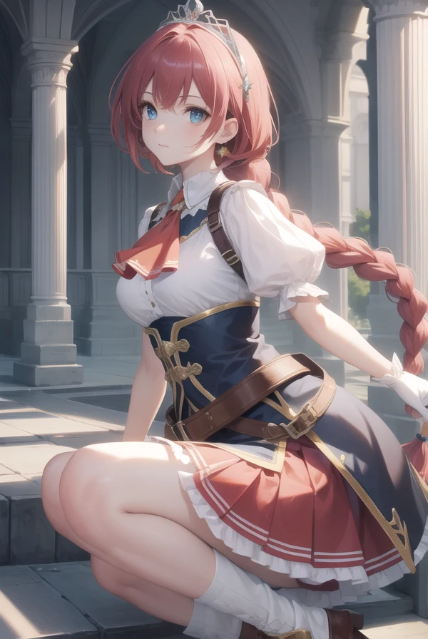 pecorine, pecorine, blue eyes, hair ornament, long hair, orange hair, tiara, braid, hair braid,
BREAK arm belt, armor, ascot, blue socks, boots, dress, gloves, hair ornament, open clothes, open dress, pauldrons, pleated skirt, puffy short sleeves, puffy sleeves, red ascot, red skirt, short sleeves, shoulder armor, single pauldron, skirt, socks, white dress, white footwear, white gloves,
BREAK looking at viewer, full body,
BREAK outdoors,
BREAK (masterpiece:1.2), best quality, high resolution, unity 8k wallpaper, (illustration:0.8), (beautiful detailed eyes:1.6), extremely detailed face, perfect lighting, extremely detailed CG, (perfect hands, perfect anatomy),