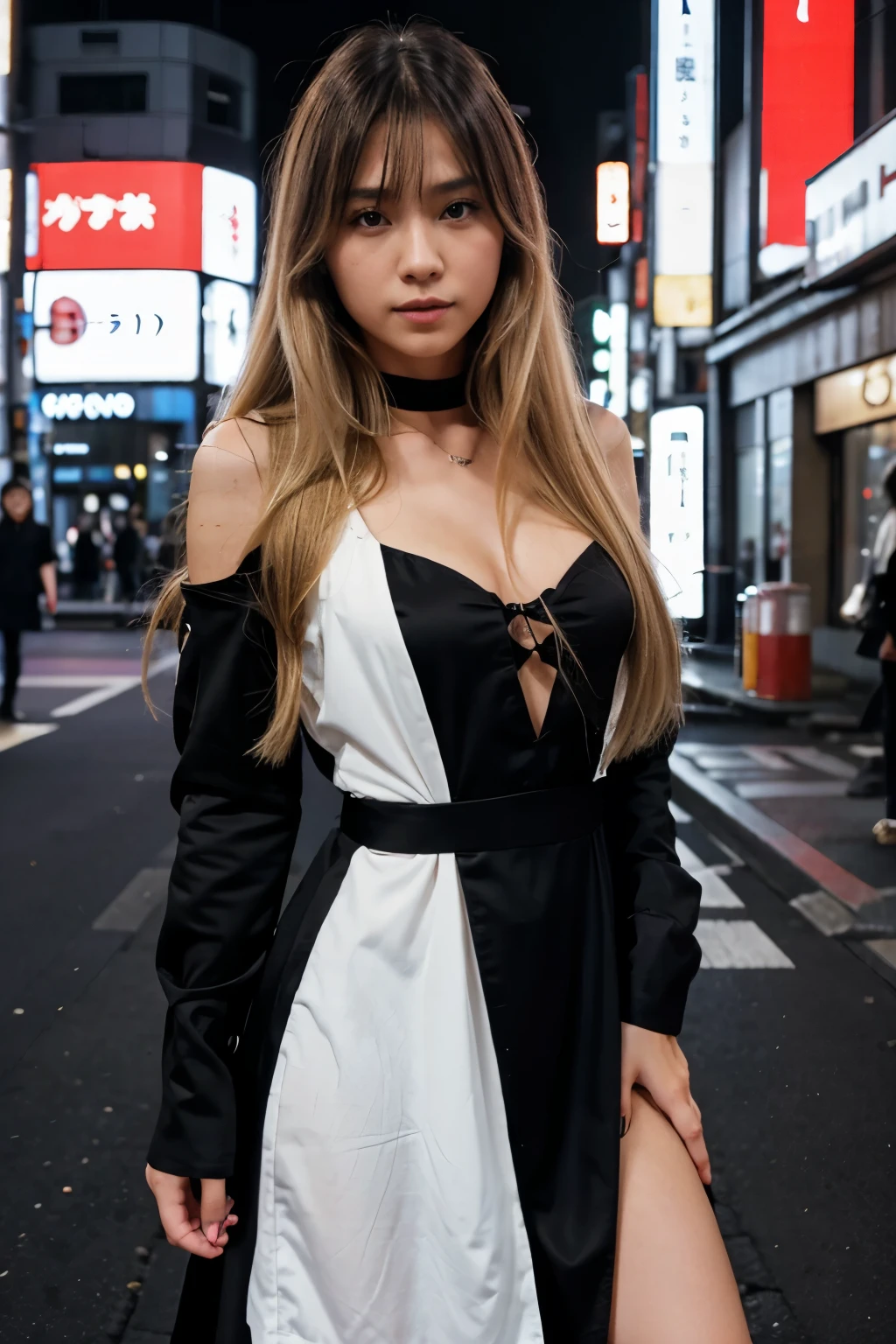 1 Girl, model，Long blond hair,  Stylish hairstyle，medium cleavage，Standing in the subway, Business suit，Photo poses，Black school modern, Beautiful long legs，Sexy high heels，Japanese style