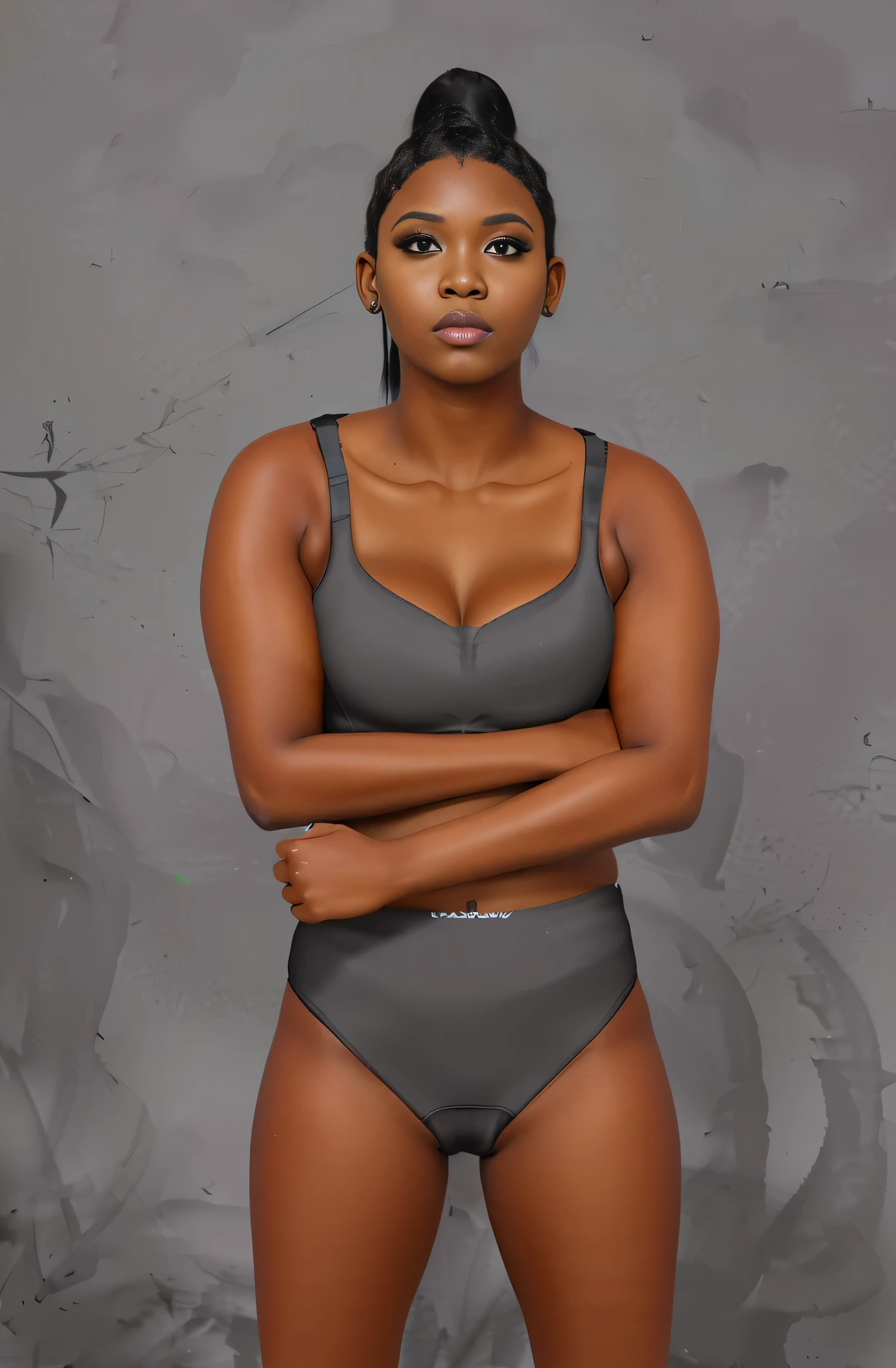 ((masterpiece, best quality)), ((((perfect anatomy)))), (27 year old)), (((Curvy))), (((Black woman with long black ponytail)), in black sports bra, ((black high cut  panties)), dark makeup, Standing in front of a grey screen, (((photo realistic)))