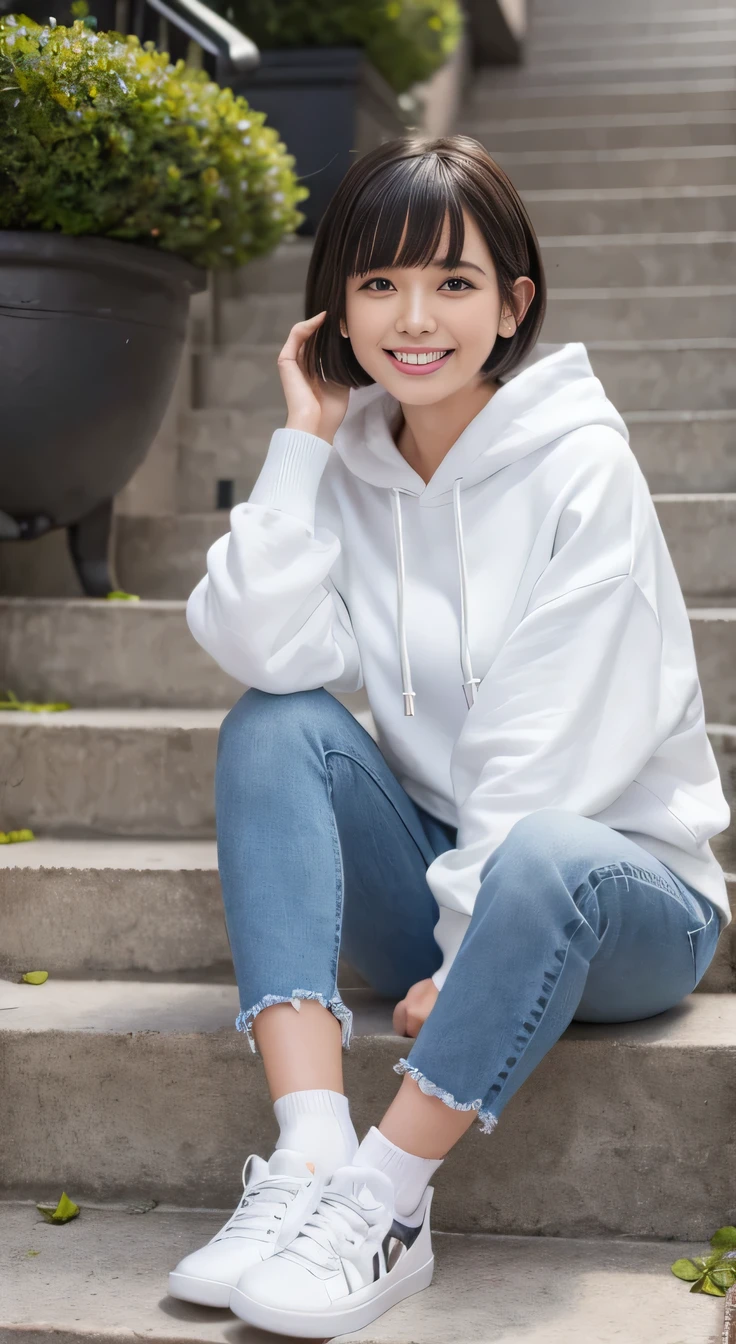 highest quality, Realistic, Very detailed, Finer details, High resolution, 8k wallpaper, One beautiful woman,Sit on the stairs、 Oversized hoodie, Skinny jeans, White sneakers,Putting on socks、Black Hair、 short hair、Beautiful Bangs、ear piercing、smile、Beautiful teeth alignment、Perfect dynamic composition, Beautiful and detailed, Full Body Shot, A big smile
