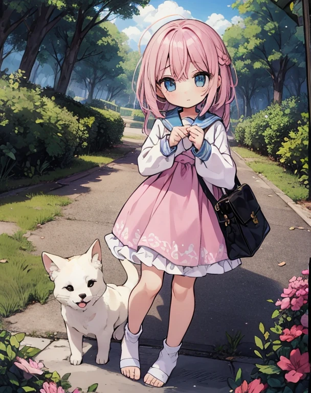 Beautiful illustrations, highest quality, (12-year-old girl:1.4)、(pretty girl:1.5)、、Flat Chest、Sailor collar、(White long tunic)、Long sleeve sailor suit、Blue-line cuffs、(Pink Chino Shorts:1.7)、(Pink shorts with wide openings:1.6)、Gap between thighs and shorts、Thin thighs、White socks、 barefoot、Cinema Lighting, (Pink Long Hair)、Pink Straight Hair、Redness on the cheeks、(Braiding of the back of the head)