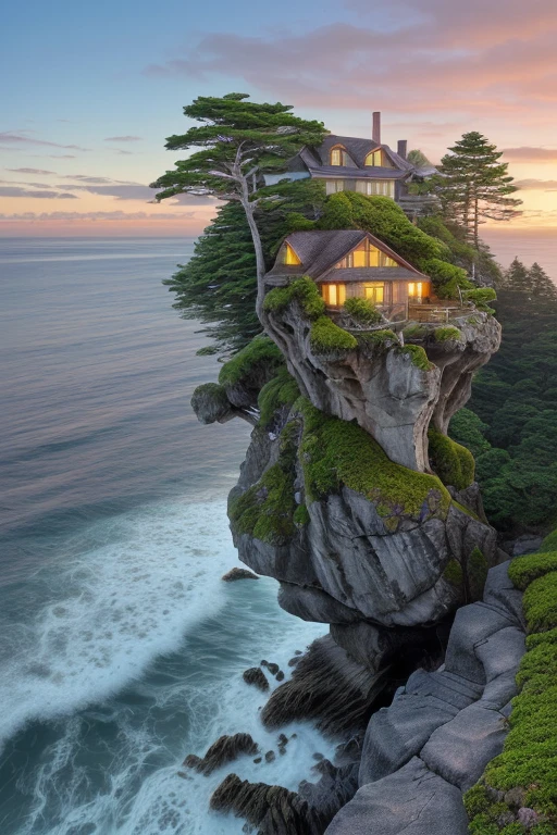 (a beautiful house on a big rock,very big trees on both sides of the house,ocean view,reflecting in the water,moss-covered rocks,calm sea,clear sky,seagulls flying,fluffy clouds,serene atmosphere,cozy and inviting,picturesque setting,strong waves crashing against the rocks,colorful sunset,soft golden light) ,oil painting,highres,photorealistic:1.2,vivid colors,sharp focus,lush greenery,peaceful environment,secluded location,perfect harmony,natural beauty,abundant foliage,gentle breeze,tranquil surroundings