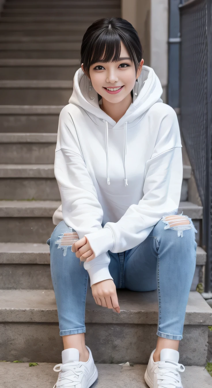 highest quality, Realistic, Very detailed, Finer details, High resolution, 8k wallpaper, One beautiful woman,Sit on the stairs、 Oversized hoodie, Skinny jeans, White sneakers,Putting on socks、Black Hair、 short hair、Beautiful Bangs、ear piercing、smile、Beautiful teeth alignment、Perfect dynamic composition, Beautiful and detailed, Full Body Shot, A big smile