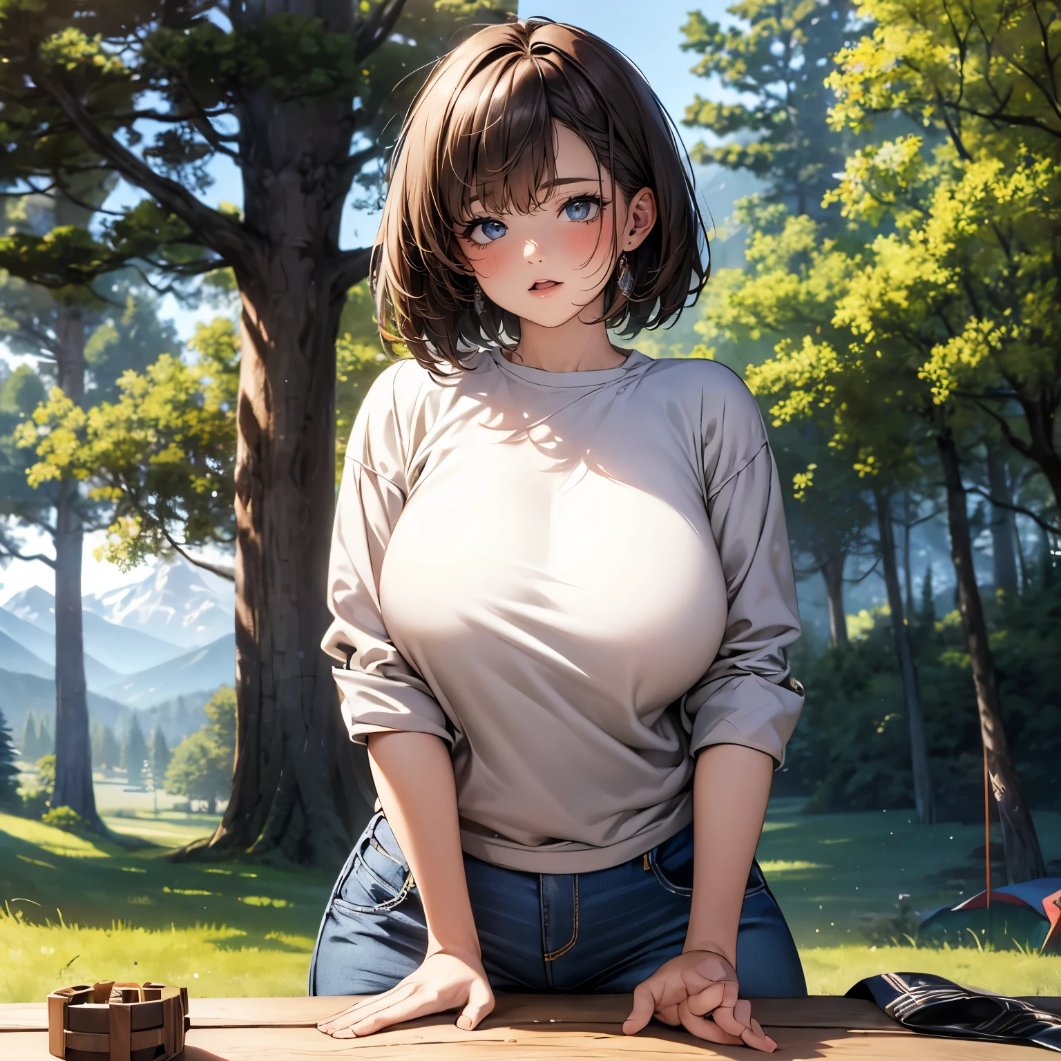 high-definition image, best quality, (round face), posing, eyes realistic sizing, drooping eyes, white casual clothes, straddling a table corner to hit her crotch for self pleasure , showing off her natural female body, big sky, mountains, in the forest, sunlight, short hair, (many camping gears),