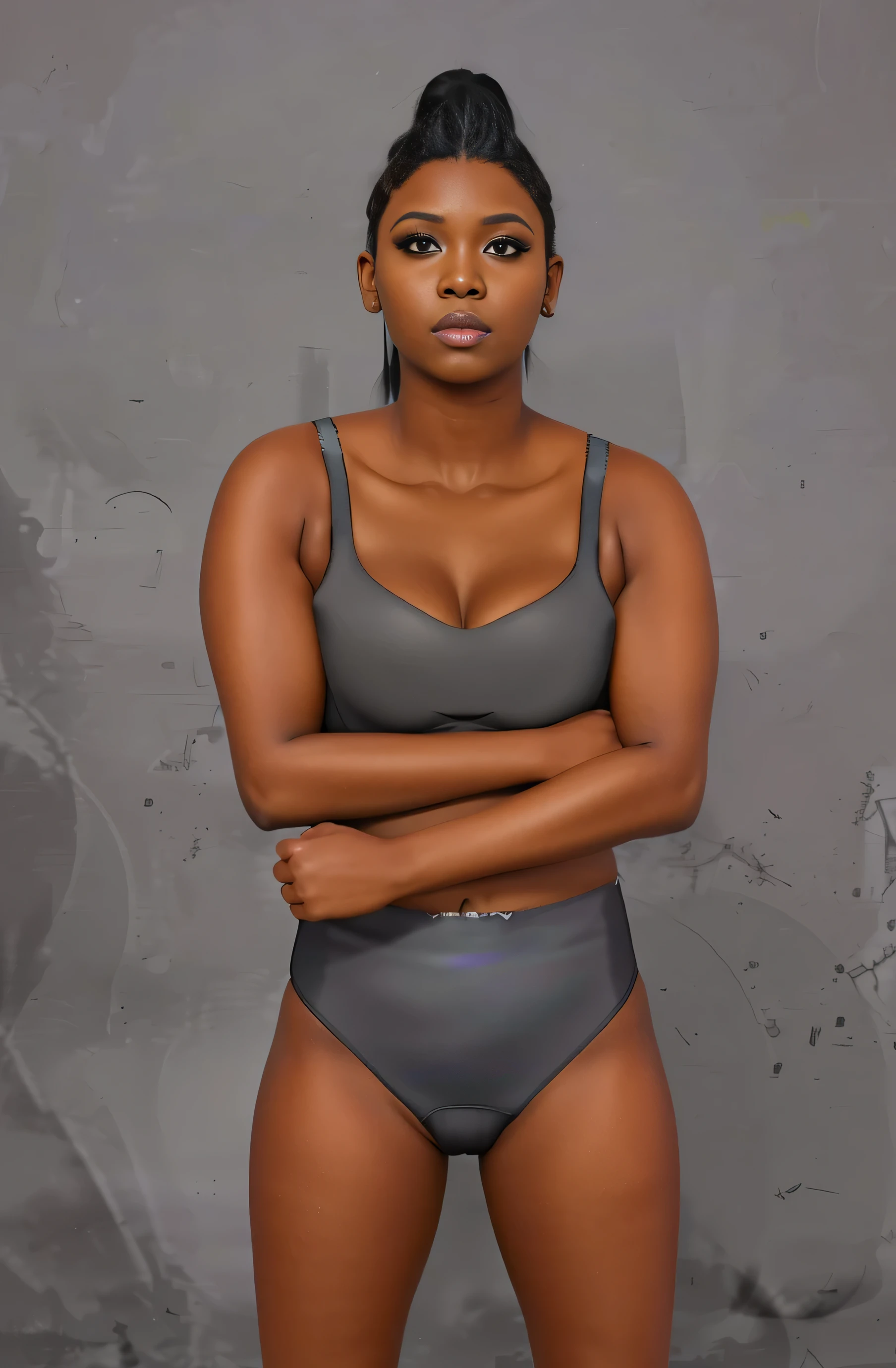 ((masterpiece, best quality)), ((((perfect anatomy)))), (27 year old)), (((Curvy))), (((Black woman with long black ponytail)), in black sports bra, ((black high cut  panties)), dark makeup, Standing in front of a grey screen, (((photo realistic)))