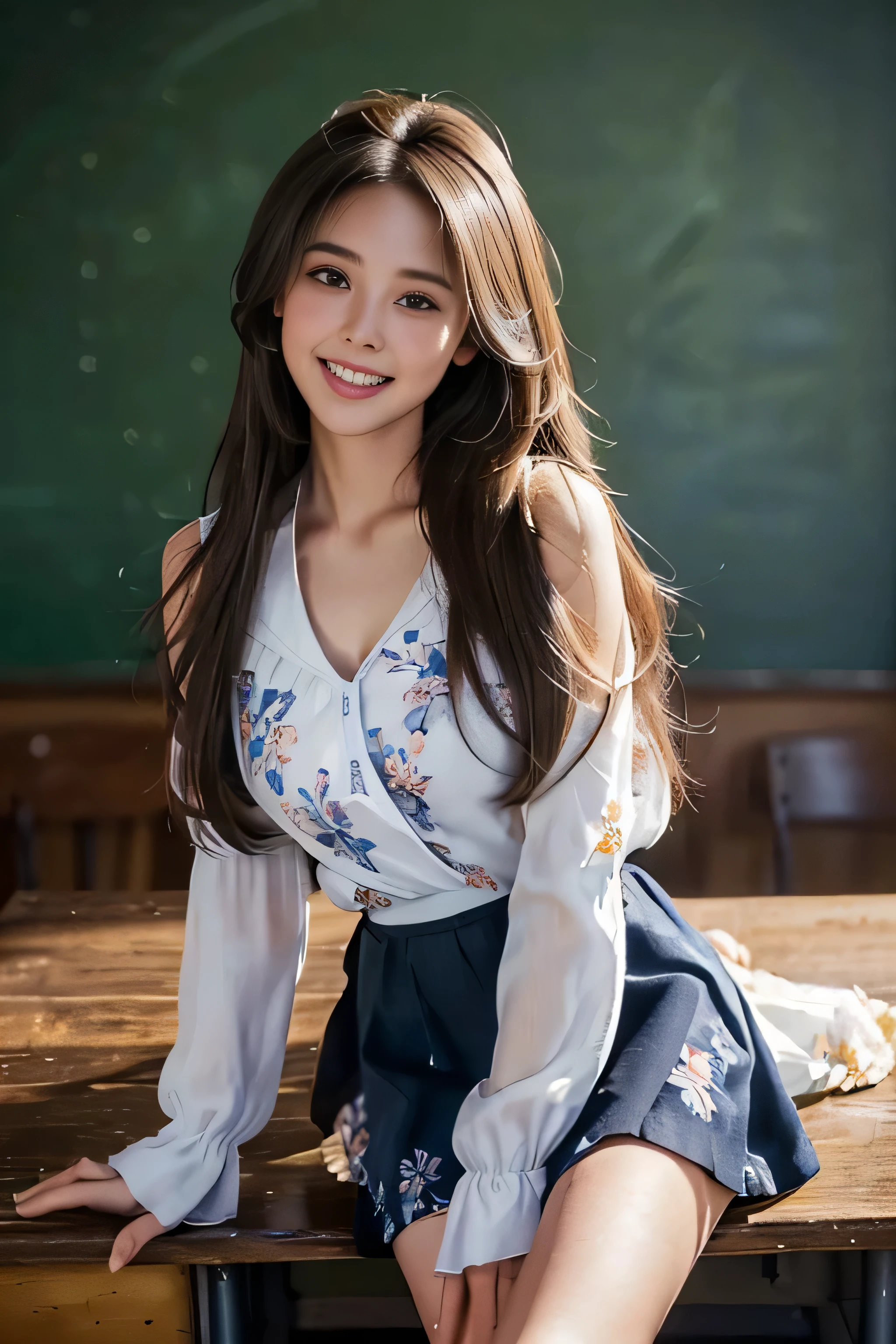 ((Beautiful girls:1.3))((White sailor suit with long sleeves:1.2))((overblouse))((Skirt rip:1.5))((Panty shot:1.5))((high school)) ,((Dark Blue Skirt:1.3)) ((In the classroom:1.3)) ((thin_fabric:1.4)) ((Random sexy poses:1.3)) ((Blushing:1.4)) ((chest:1.2)) ((close:1.2)) highest quality,Tabletop,超A high resolution,(Realistic:1.4),RAW Photos,(Real skin texture:1.3),(Film Grain:1.3),Panorama,Portraits,Very wide shot,Tight waist,Cowboy Shot,(In the Dark, Deep Shadow, Low Key, Cold Light,) night,((brown super long hair:1.2)),Tears flow,,Dust,Tyndall effect,(Performance),One Girl,Beautiful and detailed eyes and face,White Jabot,Brown eyes,((Brown Hair:1.2)) ((whole body:1.3)) ((smile:1.3))((Long straight hair_Hair reaching down to the waist:1.3))((wearing floral mini dress:1.3))、