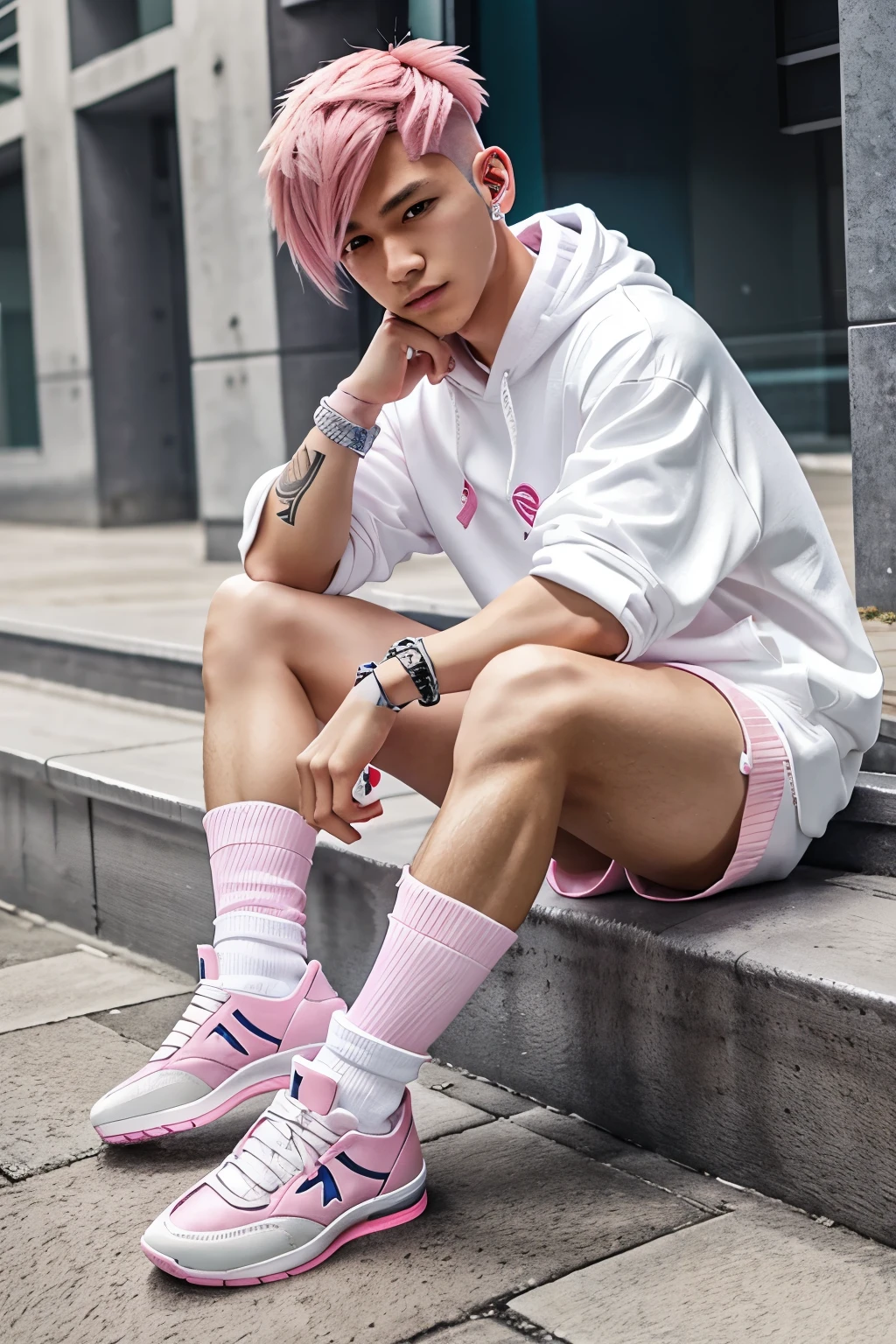 full view full body, ai injured anime boy with lightpink undercut hair, wearing white hoodies, soccer shorts, long white socks, fashion sneakers, silver rings and bracelets,