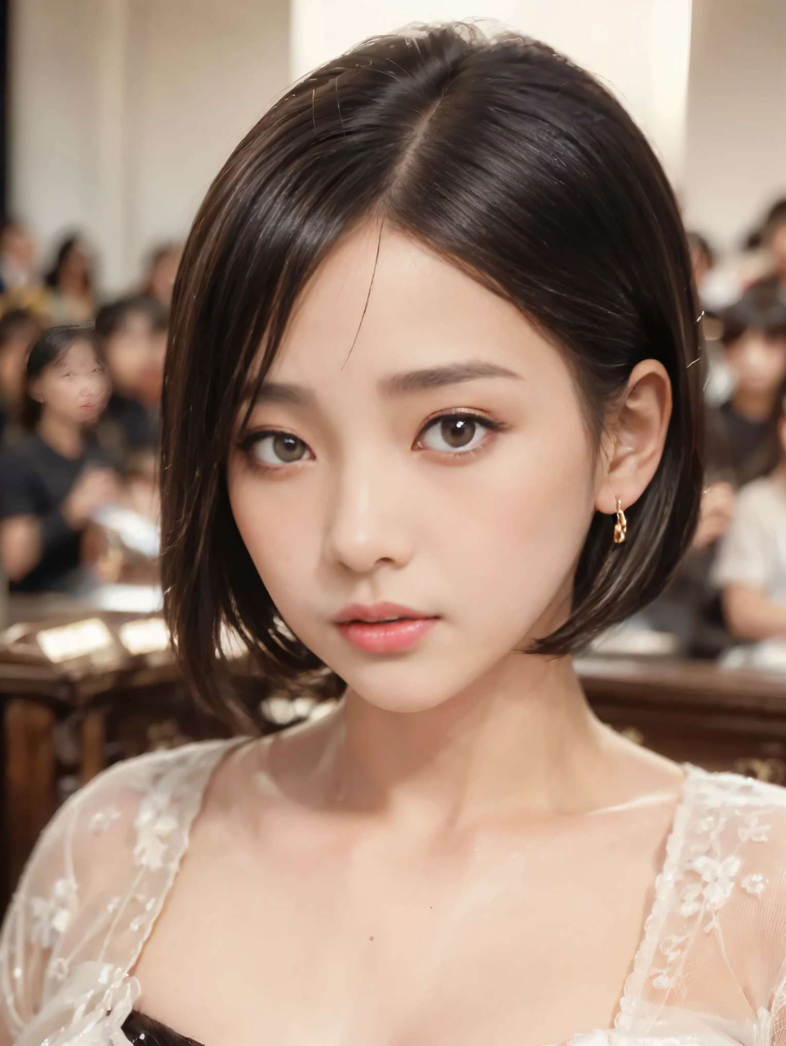 ((Artwork、highest quality、Very detailed、High resolution、Realistic、Sharp focus、Cinema Lighting))、(1 girl)、A shot, not a bust、Beautiful Face、Realistic Face、(Black Hair、Boys Short Hair、Cut Style、Cropped)、Beautiful hairstyle、Realistic eyes、Fine and beautiful eyes、Realistic Skin、Beautiful Skin、Capue Organized、charm、Golden Ratio、Glasses