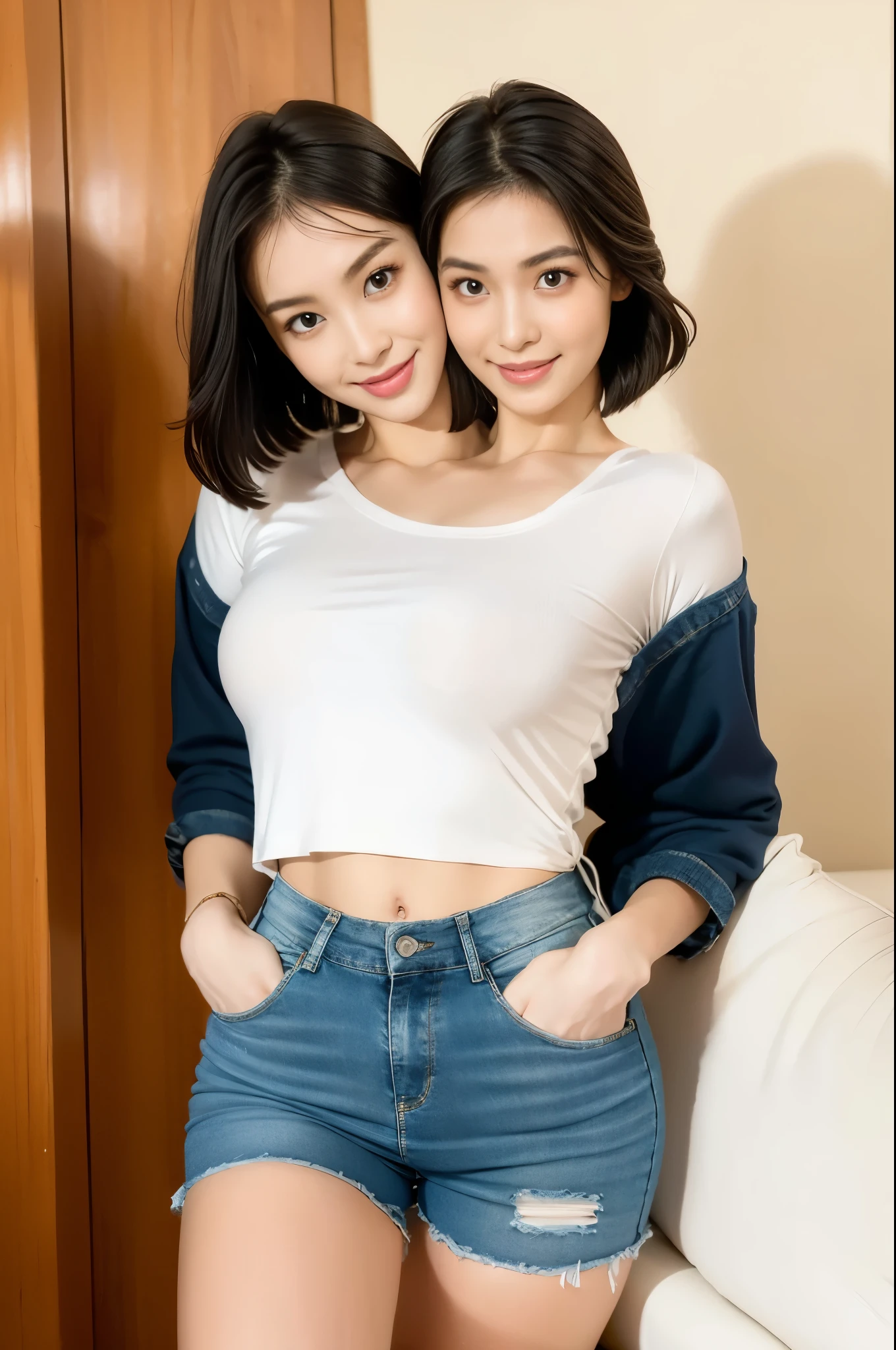 best resolution, 2heads,  korean woman with two heads , short hair,  different faces, big t-shirt, denims shorts, indoor background