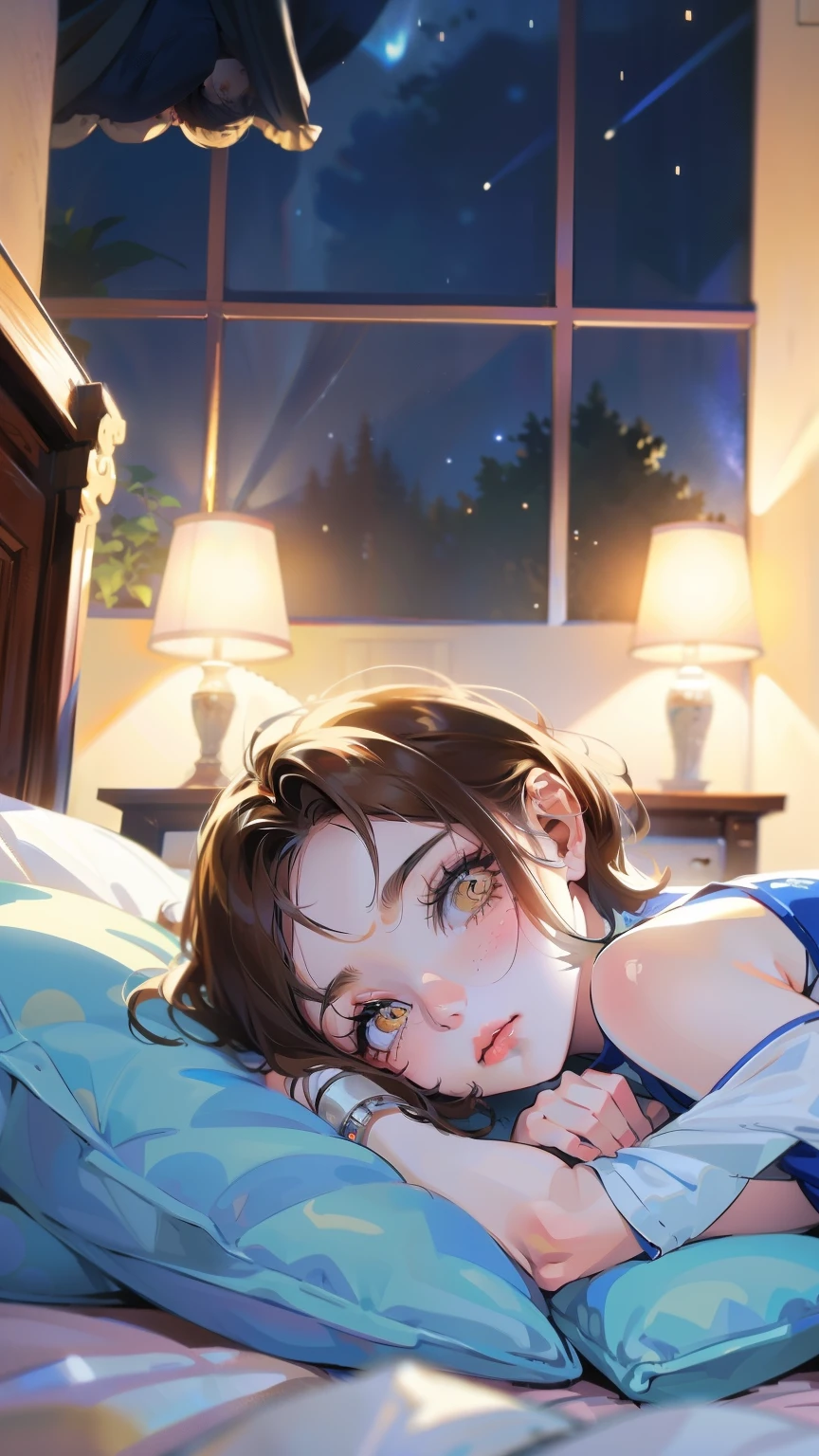 short hair, brown hair, yellow glowing eyes, perfect lips,sleepy look , ready to sleep, cute expression, cute face, laying in the bed, pajama, pillow, tank top, babe doll , sleepyhead pose, ultra detailed face, long eyelashes, sharp eyes , Fullbody shot, dinamic viewer, night sky , dinamic point of view, diferents point of view, room, dinamic picture , laying in the bed