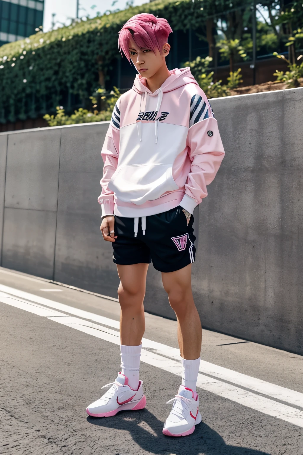 full view full body, ai injured anime boy with pink undercut hair, wearing white hoodies, soccer shorts, long white socks, fashion sneakers, silver rings and bracelets,