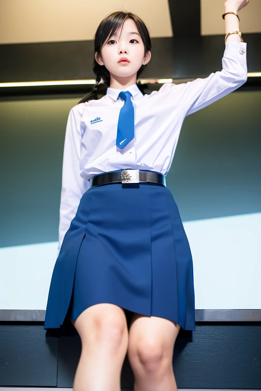 (realistic:1.2),from the front,(View from below:1.4),
18 yo,(shy)Thai, ponytail, white collar shirt, long-sleeved shirt,bark blue necktie, pleated skirt, dark blue long skirt,  black belt, white socks, black loafers,  Thighs look good, 
Sitting position,  (thigh:1.4),(look away:1.4),(classroom background) ,
Mix 4,