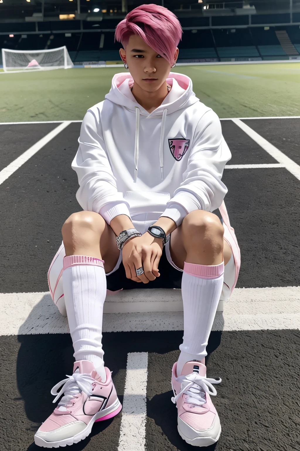 full view full body, ai injured anime boy with pink undercut hair, wearing white hoodies, soccer shorts, long white socks, fashion sneakers, silver rings and bracelets,