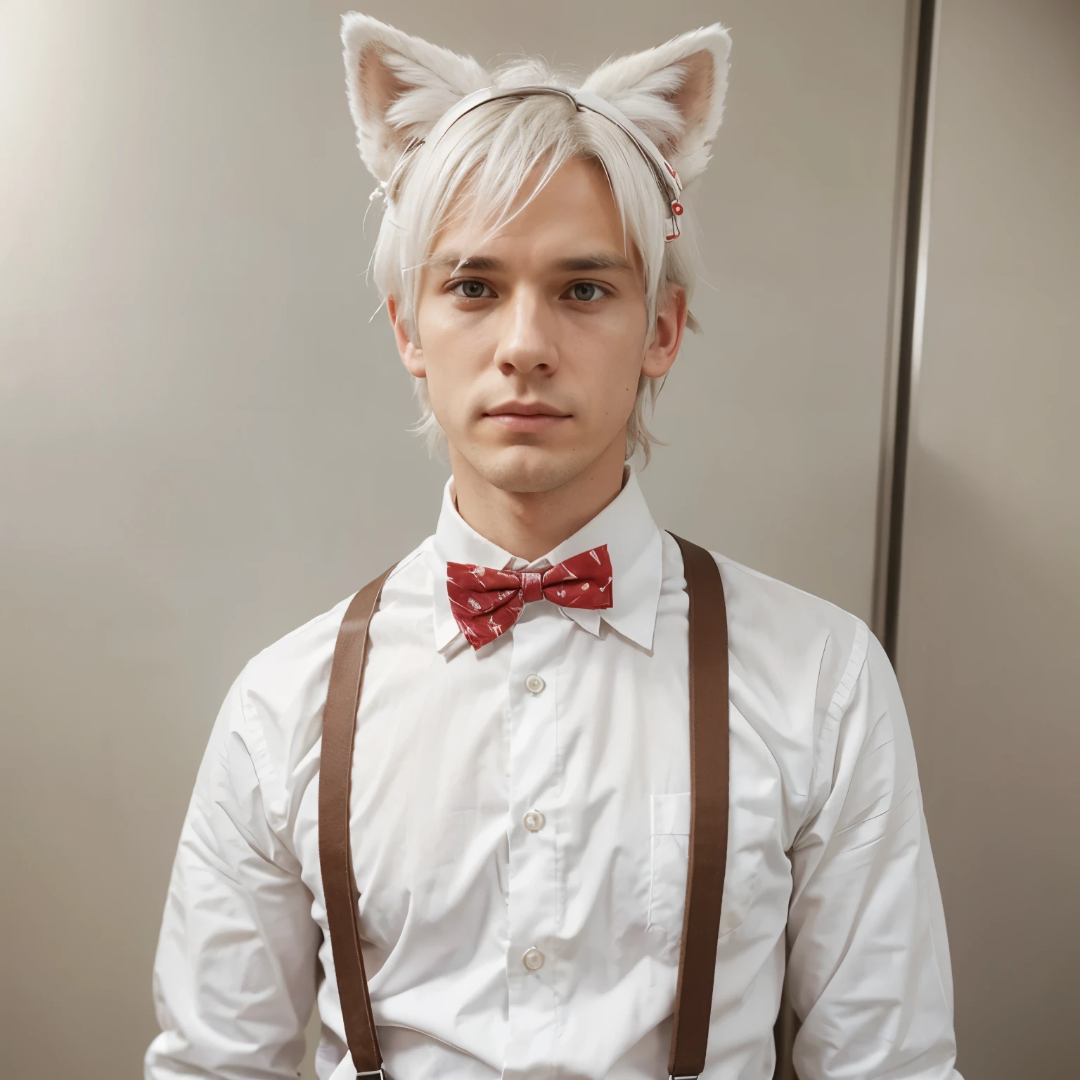A male human with white messy hair, white fox ears and tail. He wears a white button up shirt, red bowtie, and suspenders. He looks exhausted. No ears.