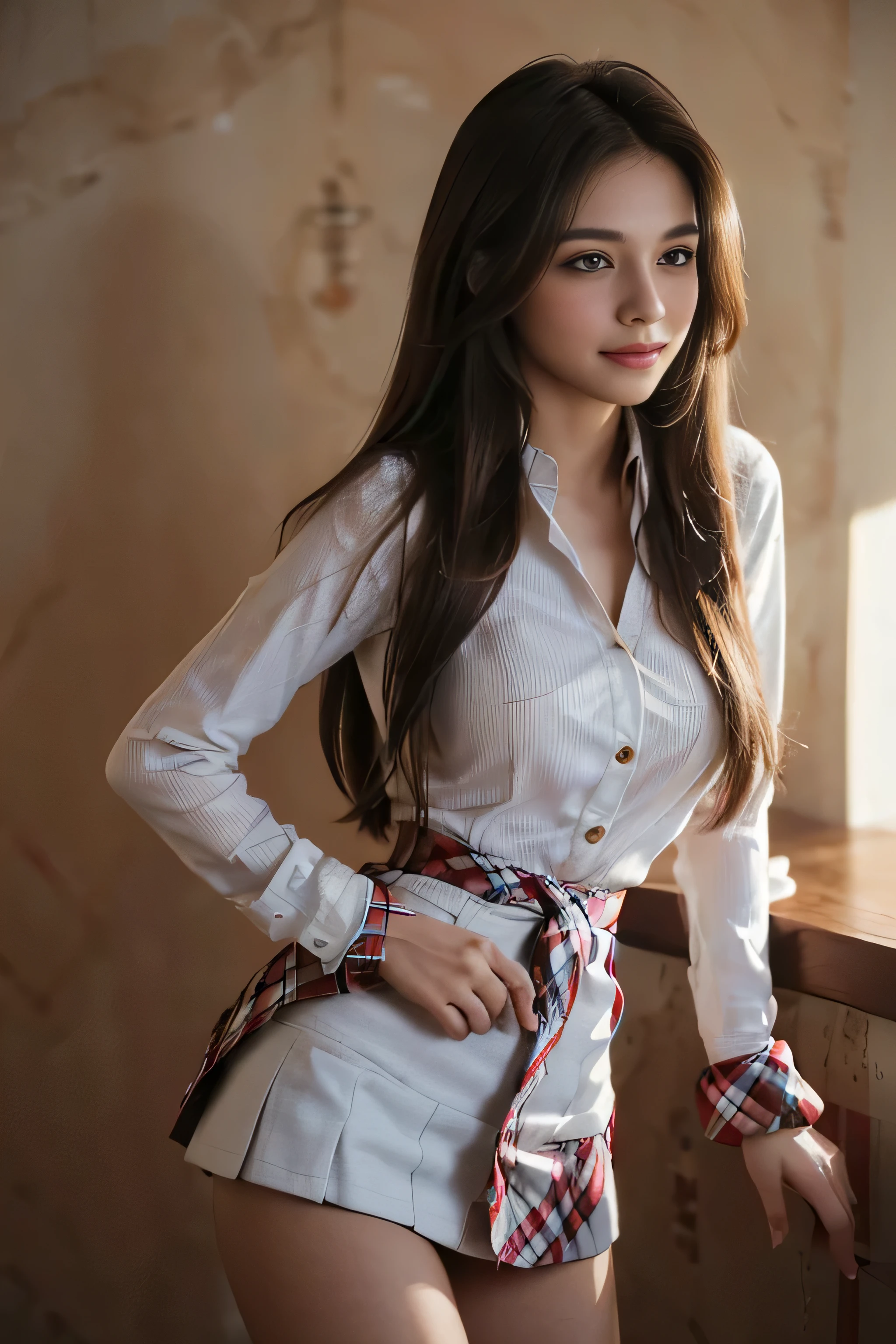 ((Beautiful girls:1.3))((thin_fabric:1.4)) ((Random sexy poses:1.3)) ((Blushing:1.4)) ((chest:1.2)) ((close:1.2)) highest quality,Tabletop,超A high resolution,(Realistic:1.4),RAW Photos,(Real skin texture:1.3),(Film Grain:1.3),Panorama,Portraits,Very wide shot,Tight waist,Cowboy Shot,(In the Dark, Deep Shadow, Low Key, Cold Light,) night,((brown super long hair:1.2)),One Girl,Beautiful and detailed eyes and face,White Jabot,Brown eyes,((Brown Hair:1.2)) ((whole body:1.3)) ((smile:1.3))((Long straight hair_Hair reaching down to the waist:1.3))((In a crowded café at dusk:1.3)) ((wearing a classy (white) Button shirt:1.2), ((wearing Red tartan check miniskirt:1.3)),