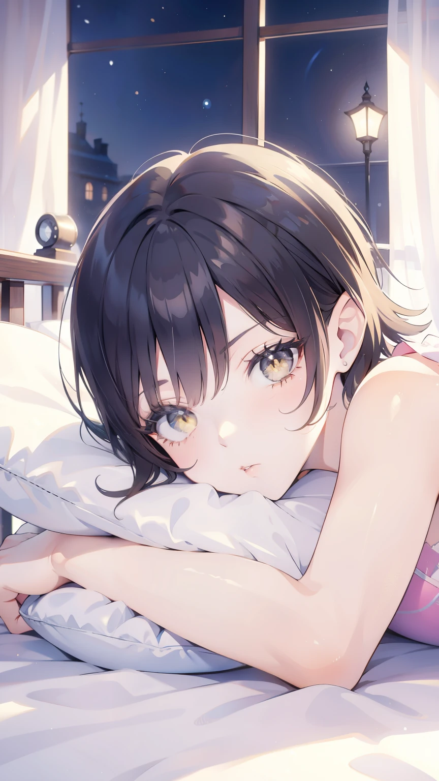 short hair, brown hair, yellow glowing eyes, perfect lips,sleepy look ,  ready to sleep, cute expression, cute face, laying in the bed,  pajama, pillow, tank top, babe doll , sleepyhead pose, ultra detailed face, long eyelashes, sharp eyes , Fullbody shot, dinamic viewer, night sky , dinamic point of view, diferents point of view, room, dinamic picture , laying in the bed