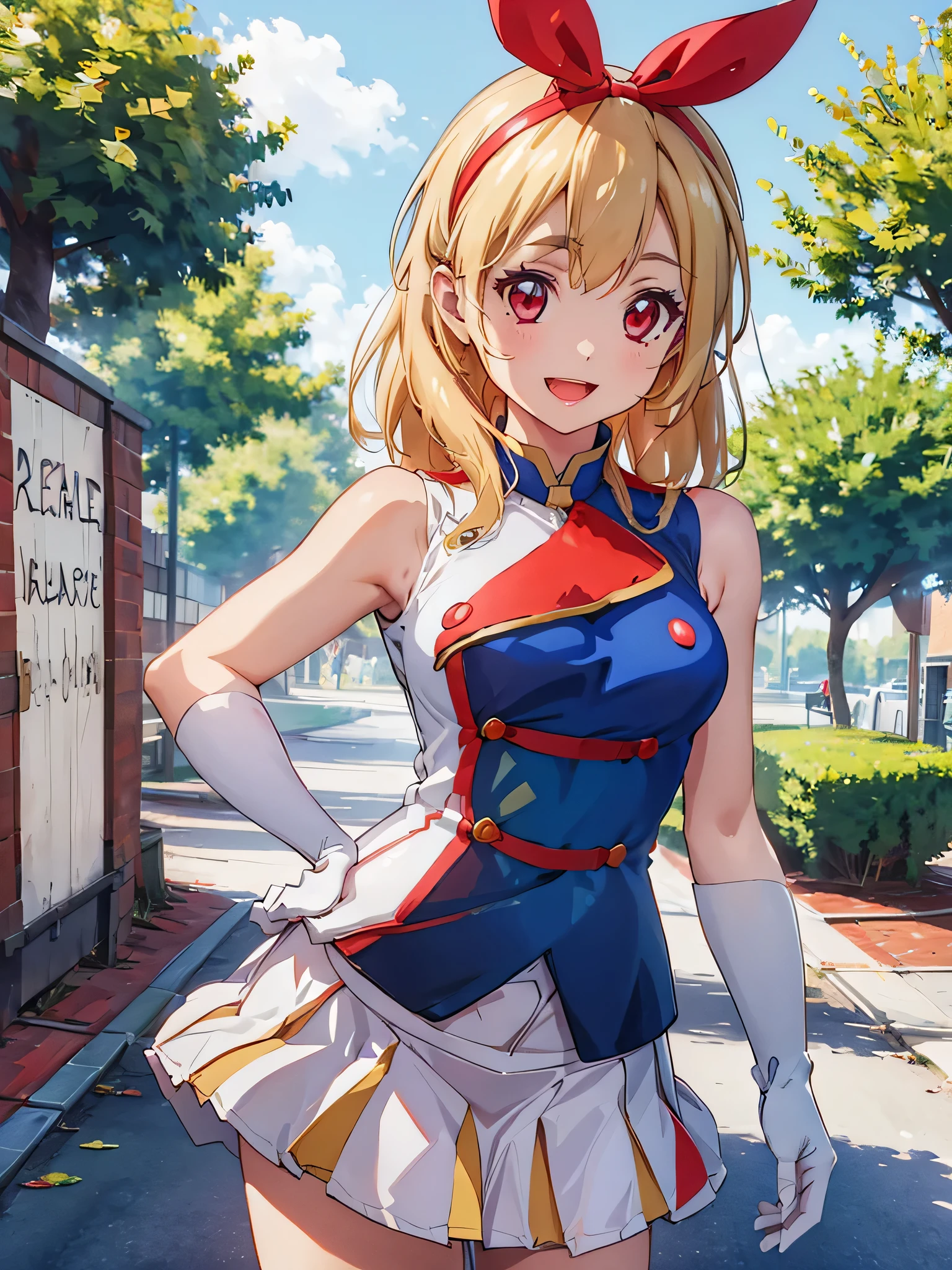 (red ribbon on hairband:1.2),masterpiece, best quality, highres, 1girl, solo, Blonde hair, RED eyes, mole under eye, band uniform, sleeveless, white gloves, pleated skirt, knee boots, cowboy shot, hand on hip, smile, open mouth, outdoors