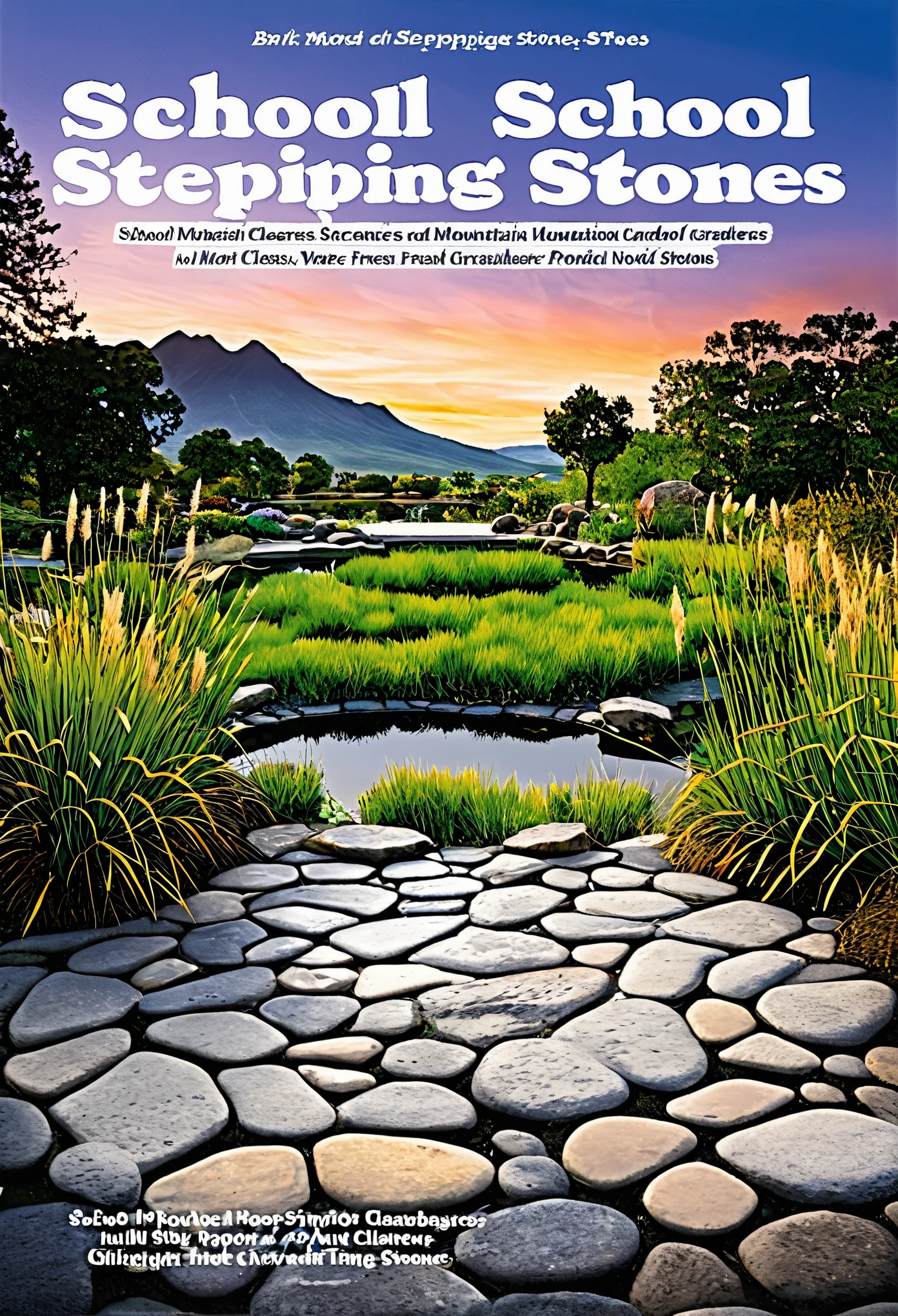 A front page cover of  book school stepping stone with sceneries of mountain , ponds trees, grasses,sunset and stones in ponds pond water should fresh and clearer