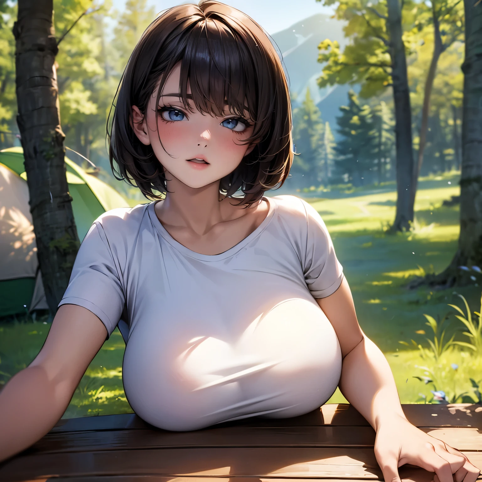 high-definition image, best quality, (round face), posing, eyes realistic sizing, drooping eyes, white casual clothes, straddling a table corner to hit her underwear for self pleasure , showing off her natural female body, big sky, mountains, in the forest, sunlight, short hair, (many camping gears),