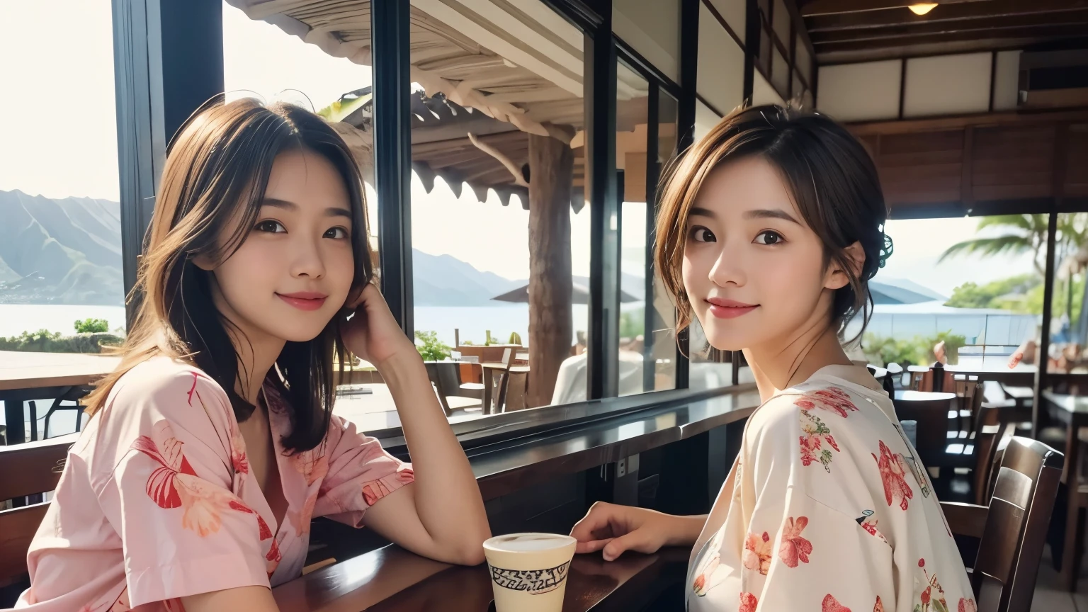 super high quality, Short Hair, Slender, The staff is working at the counter in the back., (8k、RAW Photos、highest quality、masterpiece:1.2), Japanese Idol, Shaggy, (Realistic、Photorealistic:1.37), Beautiful Face , Mesh Hair, Golden Ratio, Raw photo, Light Brown Hair, Small breasts, Summer clothes, Hawaiian Cafe, Loose Palmer, Hawaiian Cafes, Beautiful hairstyle, Cafe with a coast view, Travel abroad, Hawaii Travel, 28 years old, A kind smile, Hair blowing in the wind, Aloha Shirt,