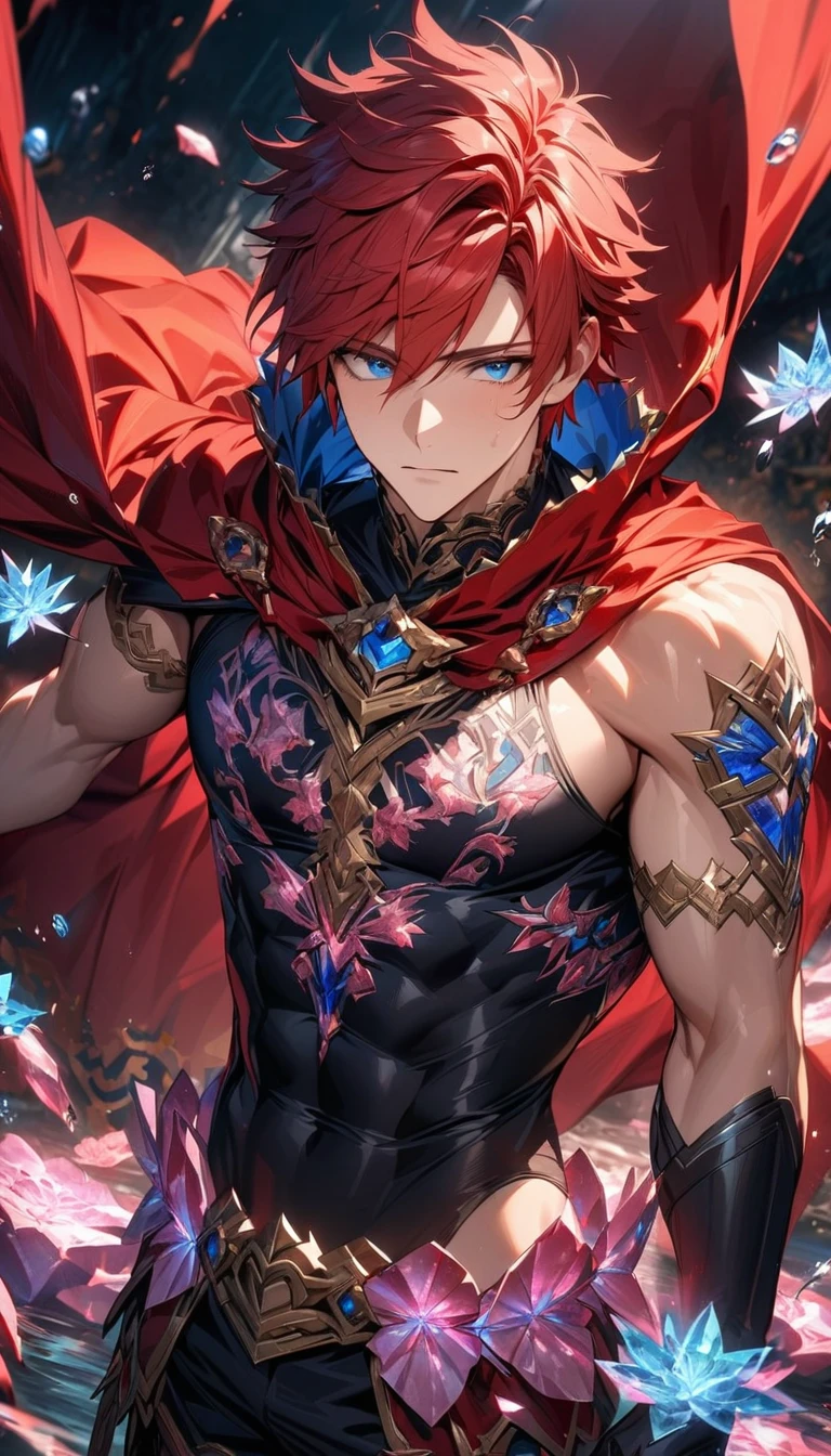 absurdres, highres, ultra detailed, HDR, masterpiece, extremely detailed face and eyes, Roy, red hair, expressive blue eyes, Fire Emblem, solo, sexy man, handsome, red cape, black tight shirt, patterns, toned chest, black gloves, pink ice flowers, pink ice butterflies, water