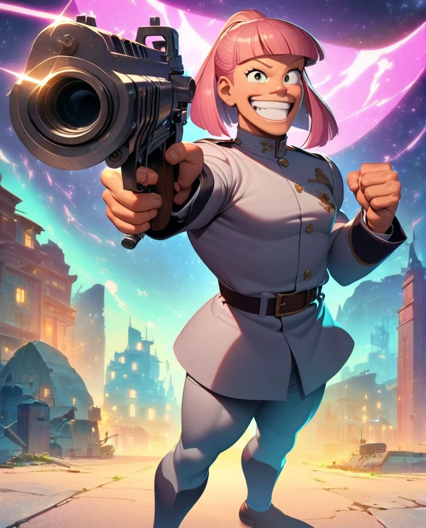 1men, pink hair, Pia bangs, General Uniform, large Gun, Happy, muscle body, multimedia illuminate, style of Futurama 