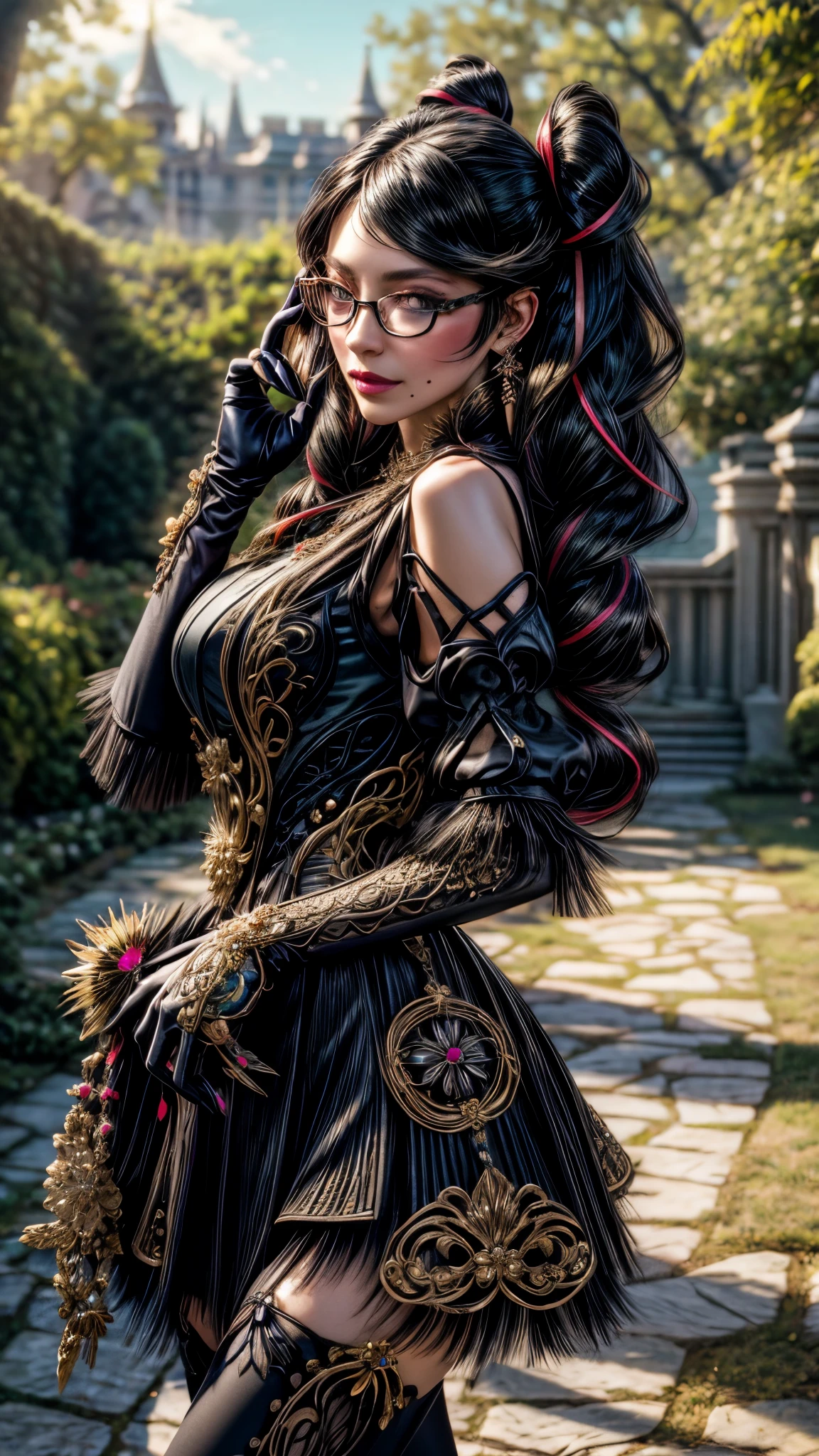 ((masterpiece)),((best quality)),((absurdres)),((ornate)),close-up,straight-on,ojou-sama_pose,bayonetta_3_twintail_aiwaifu,aiwaifu,glasses,blue_eyes ,black_hair,long_hair,two-tone_hair,twintails,breasts,jewelry,earrings,gloves,mole_under_mouth,lips,large_breasts,twin_braids,makeup,black-framed_eyewear,bodysuit,elbow_gloves,very_long_hair,lipstick,multicolored_hair,ribbon,amulet,hair_ribbon,dress,thighhighs,white_gloves,eyeshadow,bangs,clothing_cutout,long_braid,toned,curvy, narrow waist, solo,mature_female,looking_at_viewer,architecture,garden,stream,outdoors,gradient_sky,twilight,petals,magic,backlighting,light_particles,bokeh, blurry_background,colorful,(incredibly_absurdres),(ornate_clothes),(vanishing_point),(dappled_sunlight),(depth_of_field),(scenery),(realistic),(masterpiece),