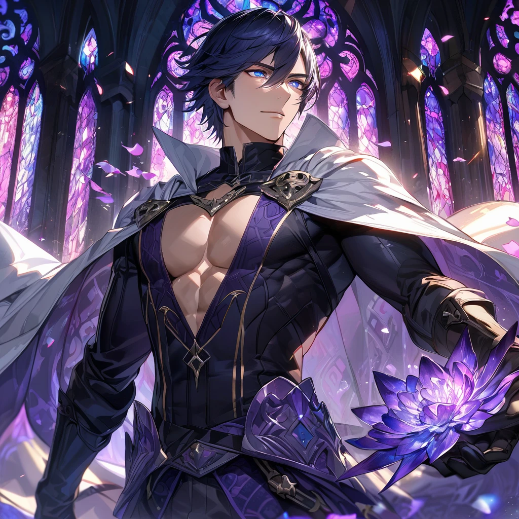 Ultra detailed, HDR, Highres, absurdres, master piece, Chrom, dark blue hair, expressive blue eyes, Fire Emblem Awakening, white cape with patterns, black tight shirt, purple stained glass, purple ice, petals, purple ice flowers, sexy man, solo, extremely detailed face and eyes, extremely handsome, glittering, toned chest, glittering eyes, black gloves,