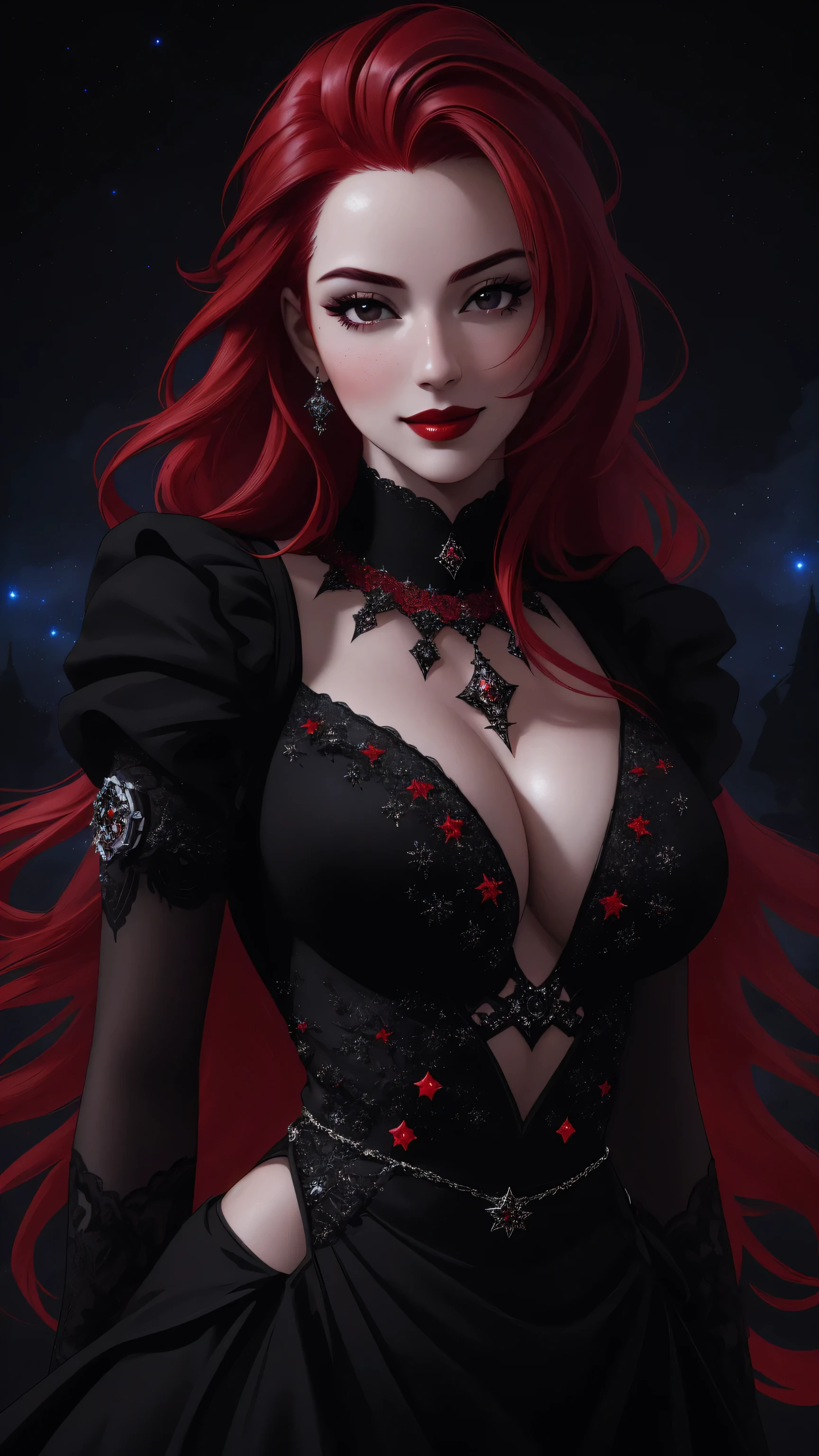 (Masterpiece - Ultra-Detailed, High Resolution) ((vivid red hair)), mature woman, 30 years old, diamond face, red starry sky background, depth of field, magic, big red lips, ((dark and black eyes)) black and red long and full dress, covered chest, mystical atmosphere, ominous shadows, Intense blue aura, Intense red aura (best quality:1.2), absurdres, intricate details, (highly detailed skin:1.2), smile expression, posing, taut and well defined body, attractive. Highly realistic, white skin, beautiful, hyperrealism, skin very elaborated, direct gaze.