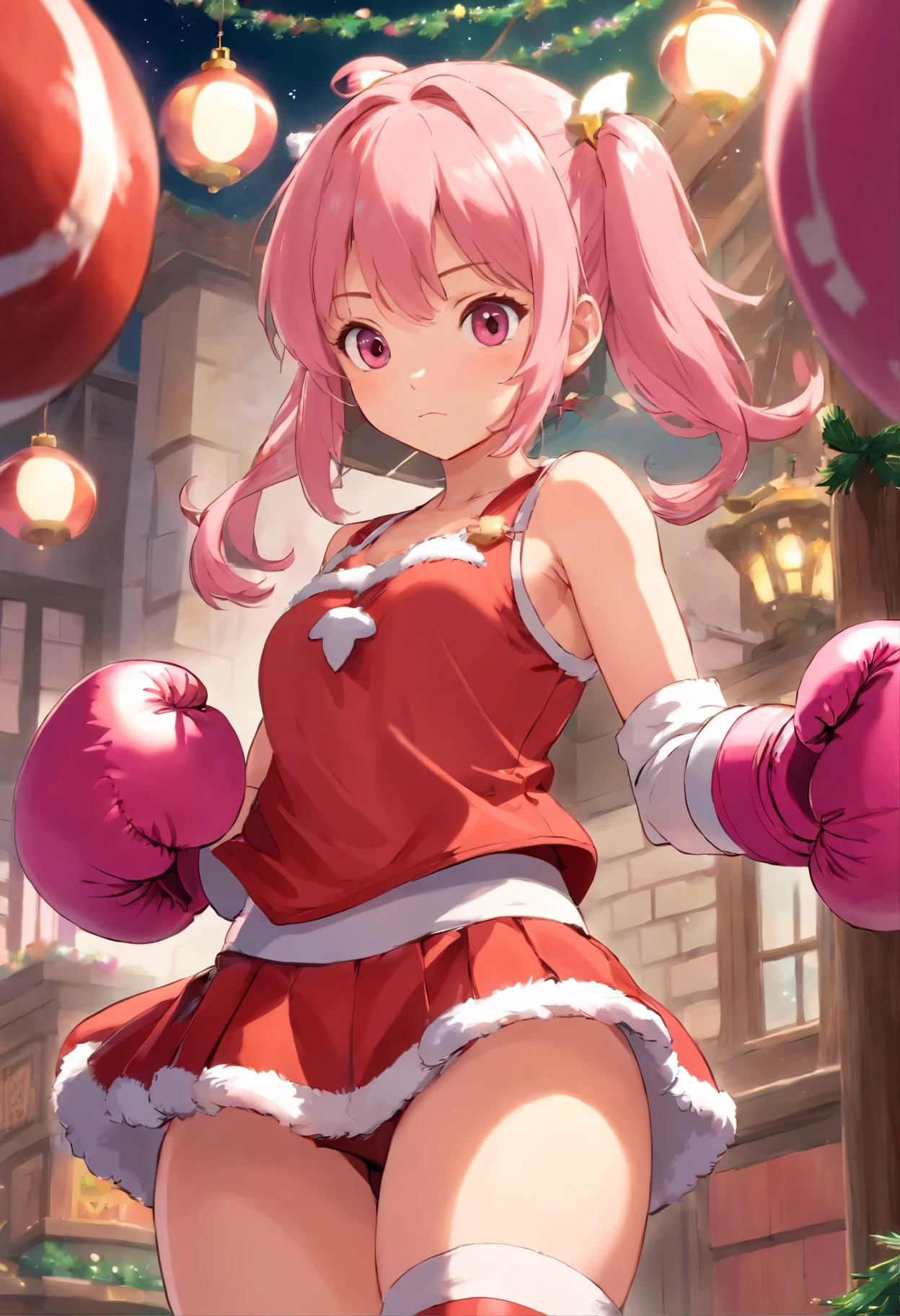 Cute girl in Santa Claus dress with pink boxing gloves belly exposed with miniskirt