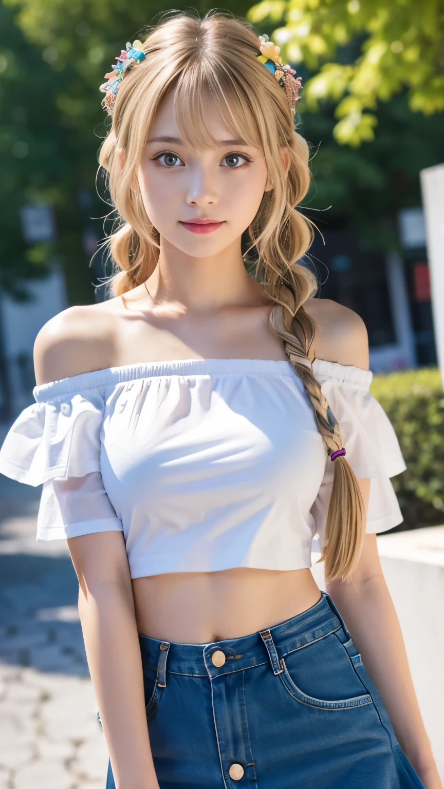 Tabletop, highest quality, figure, Very detailed, In detail, High resolution, 8k wallpaper,Sexy big 、A cute 21-year-old girl with a sexy and cute look, Beautiful and sexy face、The strong wind blows the hair in front of my face、Blonde French braids with cute and sexy eyes hidden by long bangs、Belly button exposed(1:1.8)、Colorful off-shoulder T-shirt、Colorful tulle mini skirt