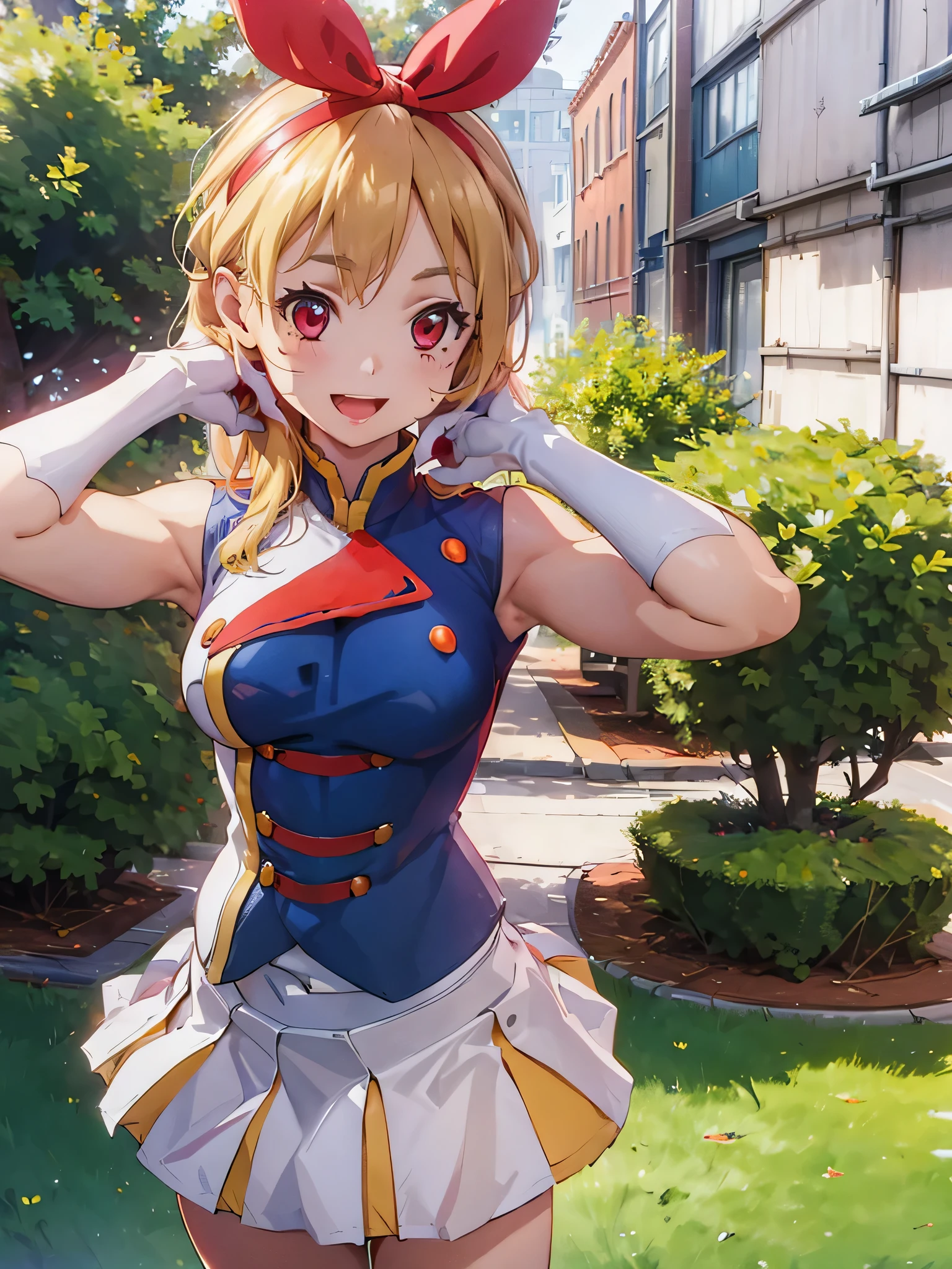 (red ribbon on hairband:1.2),masterpiece, best quality, highres, 1girl, solo, Blonde hair, RED eyes, mole under eye, band uniform, sleeveless, white gloves, pleated skirt, knee boots, cowboy shot, hand on hip, smile, open mouth, outdoors