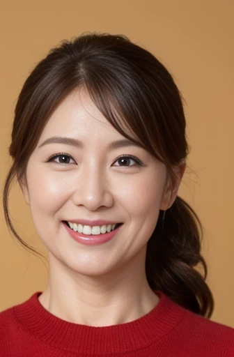 Masseter Film, highest quality, masterpiece, High resolution, realism, Original photo, 8k wallpaper, perfection, Professional Lighting, Very detailed, Written boundary depth, ((Beautiful woman)), ((Sexy 40 year old woman in red)),, ((smile)), Detailed face, Beautiful Eyes,, bangs, A photo of your face, (sexy look), voluminous long brown hair, (Thick lips), Looking down at the viewer,ponytail