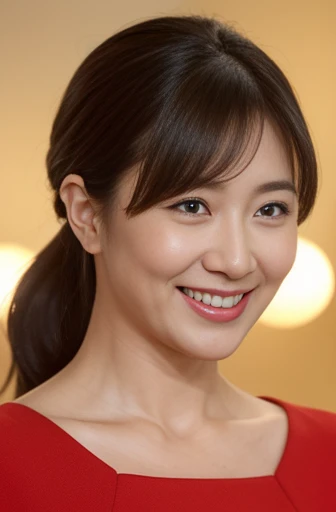 Masseter Film, highest quality, masterpiece, High resolution, realism, Original photo, 8k wallpaper, perfection, Professional Lighting, Very detailed, Written boundary depth, ((Beautiful woman)), ((Sexy 40 year old woman in red)),,  ((smile)), Detailed face, Beautiful Eyes,, bangs, A photo of your face, (sexy look), voluminous long brown hair, (Thick lips), Looking down at the viewer,ponytail