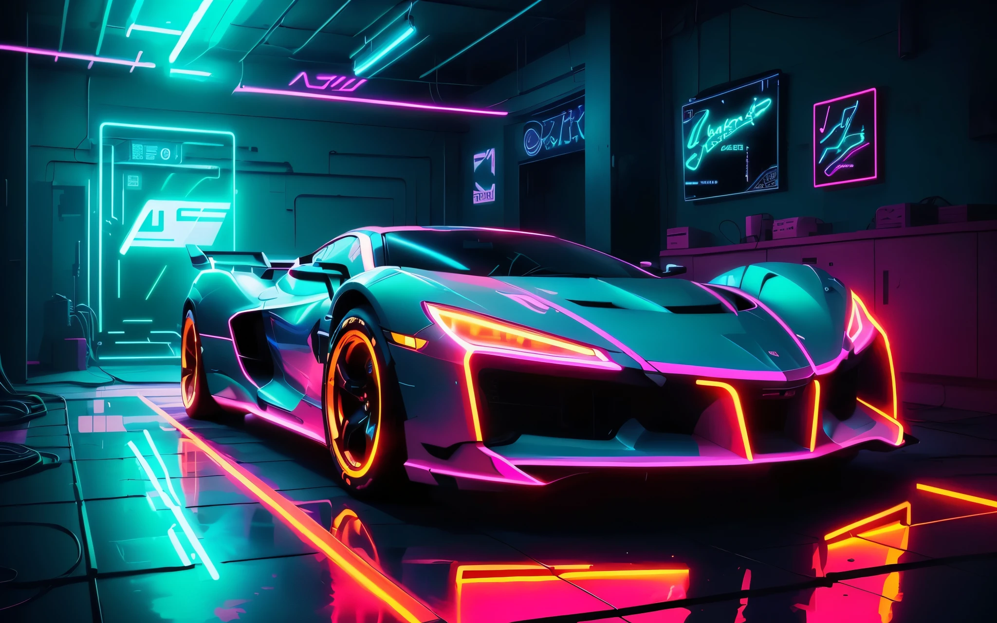 neon car in a garage with neon lights, neon art style, neon digital art, futuristic neon, neon lit, cyber neon lights, stylized neon, neon! retrowave, wallpaper 4 k, wallpaper 4k, digital artwork 4 k, 8k hd wallpaper digital art, 4 k hd illustrative wallpaper, cyber neon lighting, art deco outrun anime aesthestic