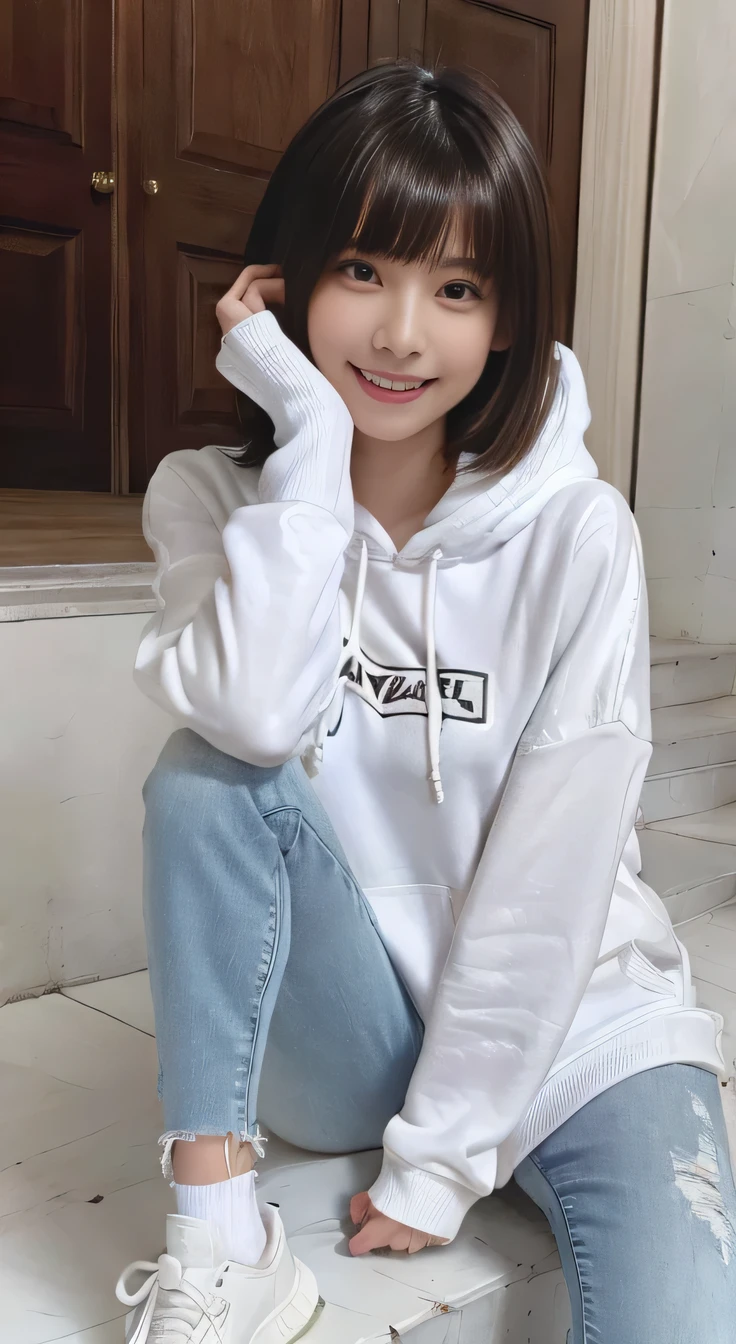 highest quality, Realistic, Very detailed, Finer details, High resolution, 8k wallpaper, One beautiful woman,Sit on the stairs、 Oversized hoodie, Skinny jeans, White sneakers,Putting on socks、Black Hair、 Short Haircut、Beautiful Bangs、ear piercing、smile、Beautiful teeth alignment、Perfect dynamic composition, Beautiful and detailed, Full Body Shot, A big smile