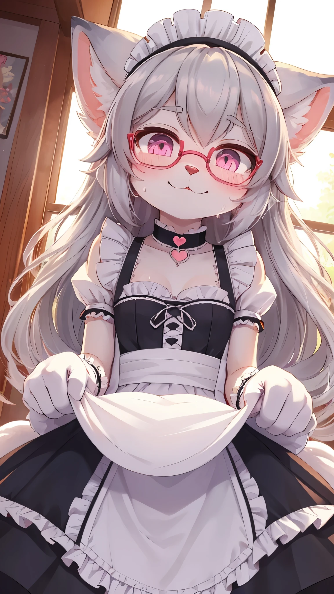 best quality,best resolution,(fluffy anthro furry :1.6),(young :1.6),cat girl,small breasts,light grey hair,long hair,wavy hair,curvy hair,light grey fur,pink eyes,glistering eyes,sparkle eyes,huge circle glasses,heart collar,maid outfit,maid headdress,maid gloves,ruffles,beautiful cafe,white light,looking at viewer,full face blush,naughty face,smile,close eyes,heart eyes,heart expression eyes,armpits,very close eyes,one eyes close,front view,close up,face to face,two hands selfie,heavy breath,open mouth,
