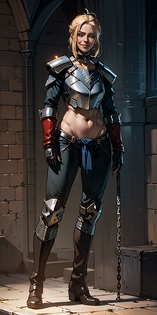 1 solo female artoria, rpg game, artoria pendragon (fate), (breastplate, choker, bracers, handcuffs, shackles, rerebrace, armored, high boots bootstraps, shoulder armor, faulds, poleyn, gloves, gauntlets), lustful smirking smile face red blushed red cheeks, (hands (clenching) on hips), loincloth, pinched eyes, (big-:1.5) thin legs, thin body, leather collar, view from below, wide hips